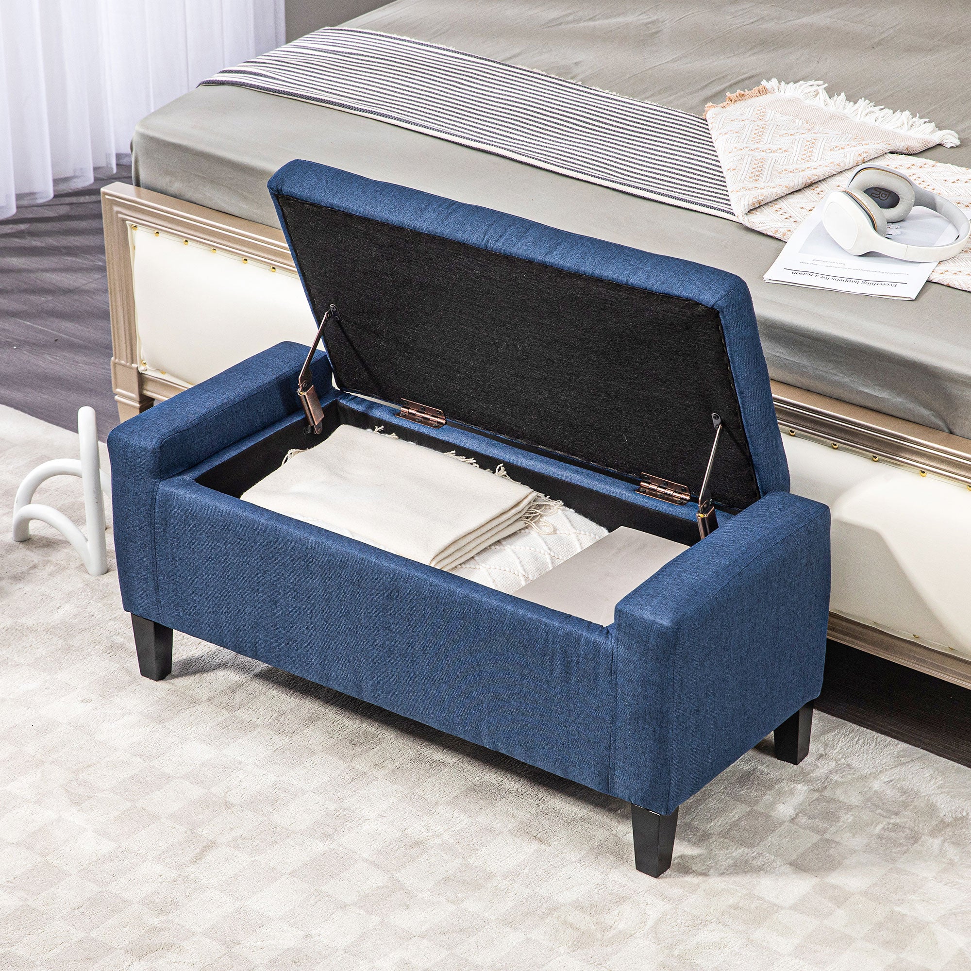 Upholstered Storage Ottoman Bench, Button Tufted Ottoman with Hidden Storage, Lift Top for Living Room, Dark Blue