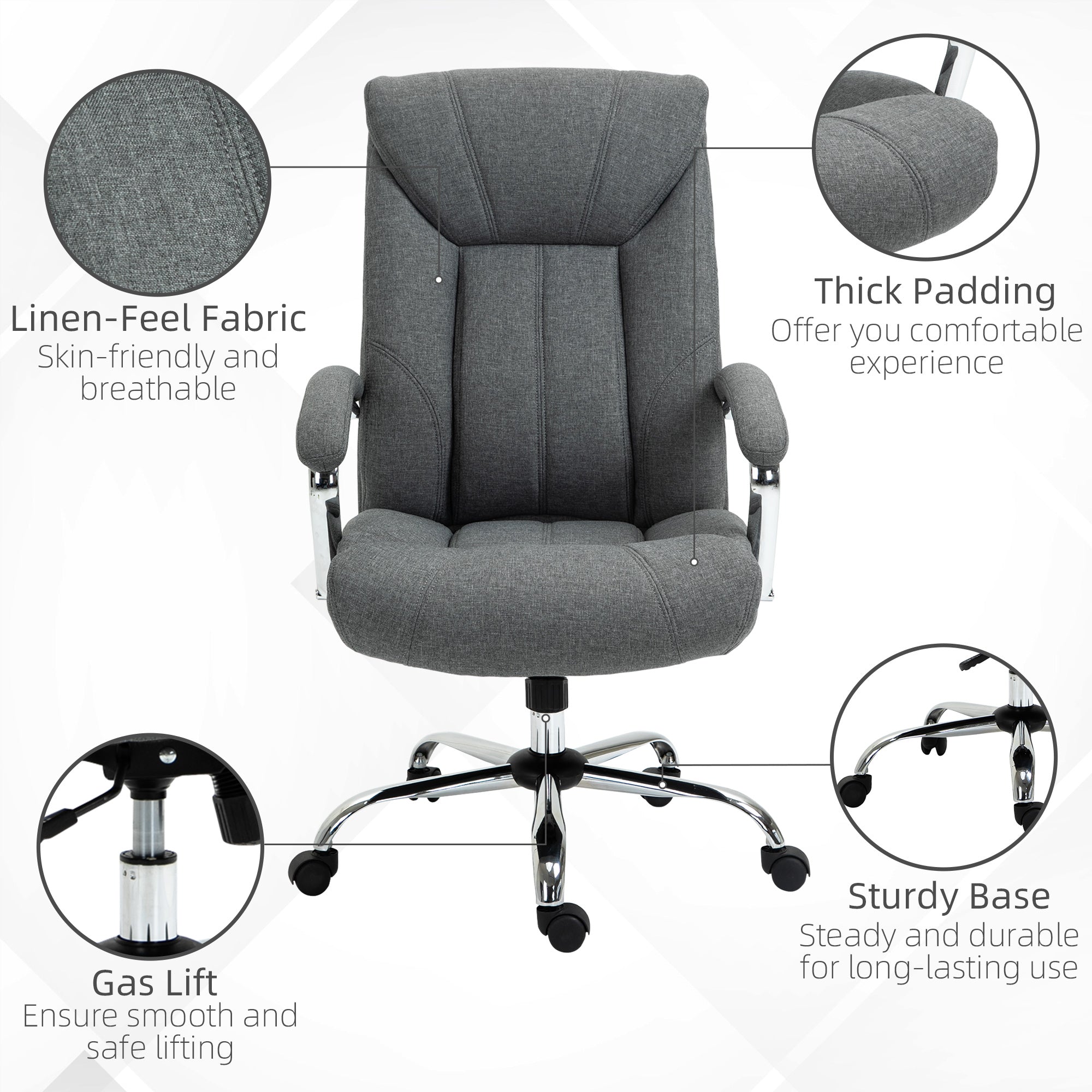 Vinsetto High Back Swivel Home Office Chair Task Ergonomic Linen Fabric Computer Chair, with Arm, Adjustable Height, Grey