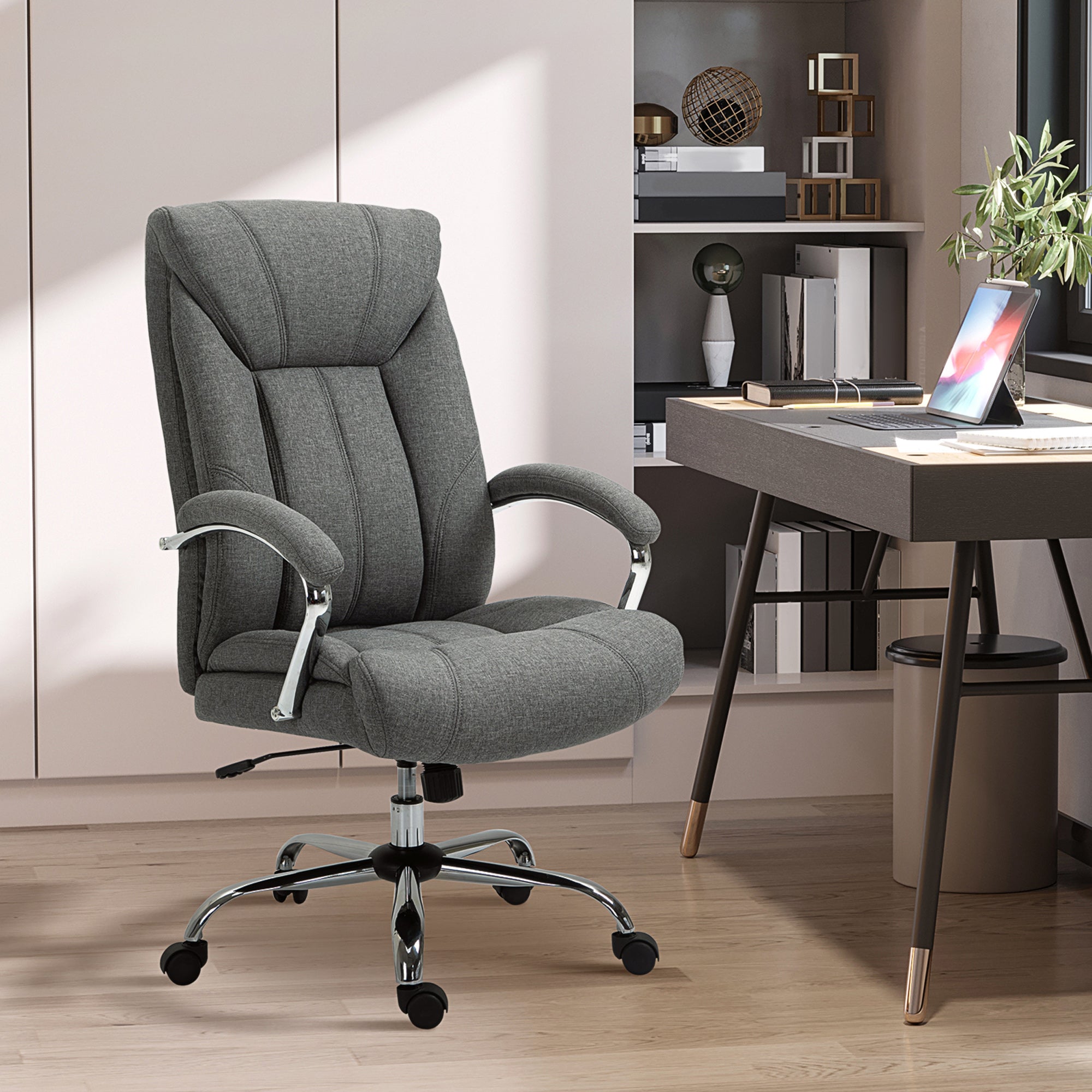 Vinsetto High Back Swivel Home Office Chair Task Ergonomic Linen Fabric Computer Chair, with Arm, Adjustable Height, Grey