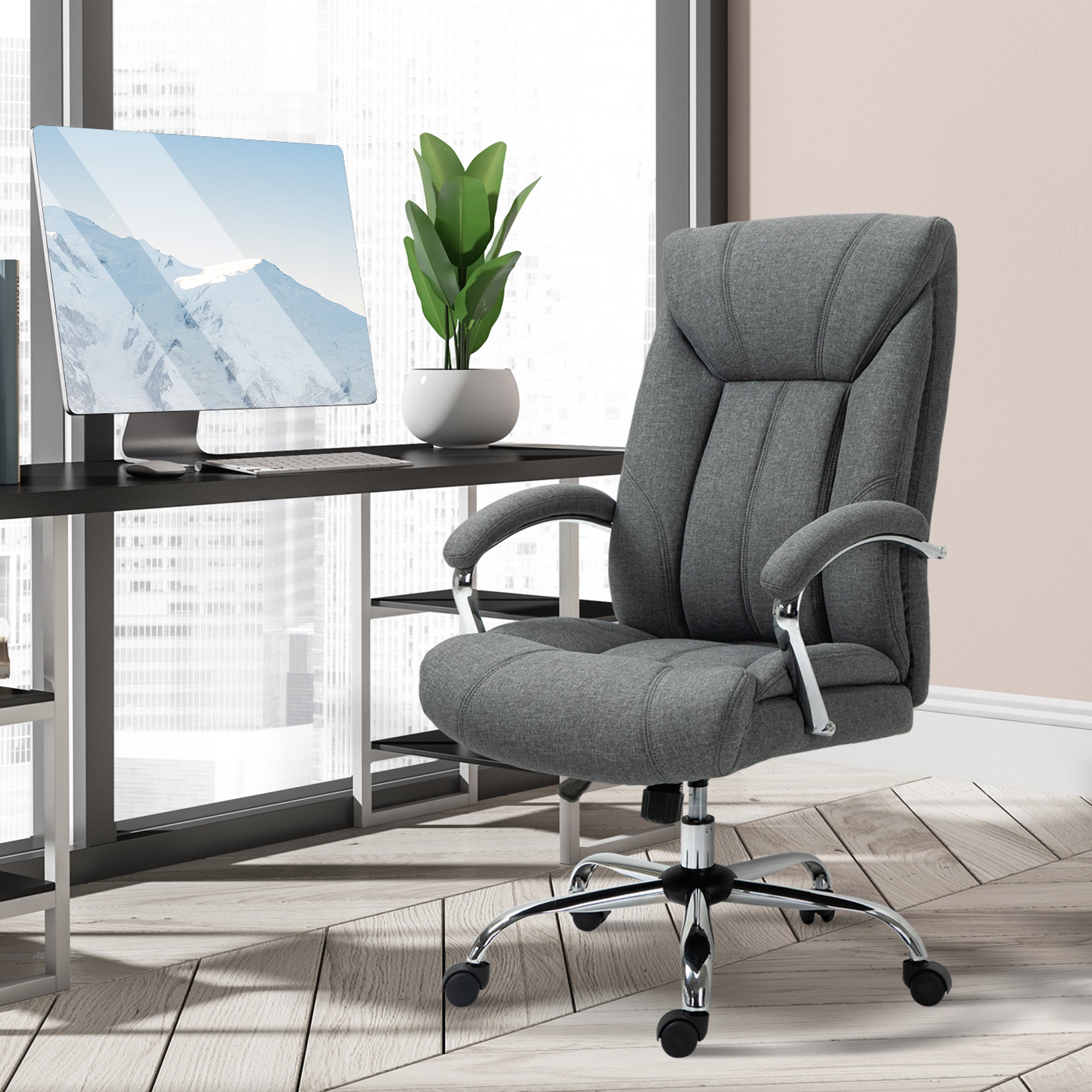 Vinsetto High Back Swivel Home Office Chair Task Ergonomic Linen Fabric Computer Chair, with Arm, Adjustable Height, Grey