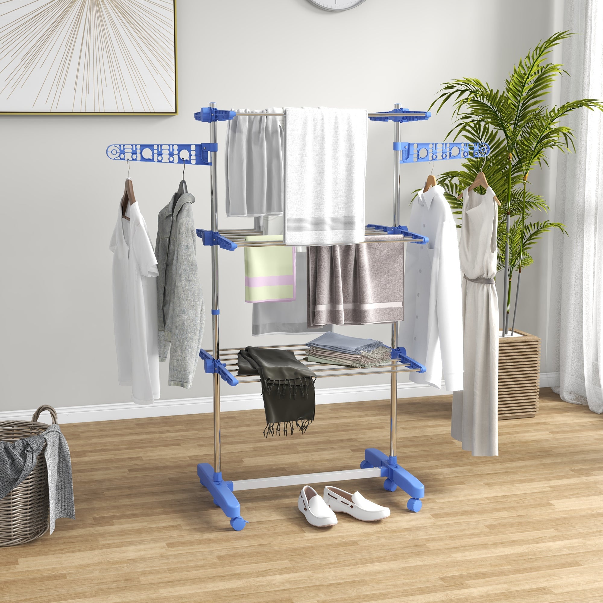 HOMCOM 3-Tier Clothes Airer, Foldable Clothes Drying Rack, Stainless Steel Indoor and Outdoor Clothes Dryer with Wheels and Wings, Easy Assembly, 142 x 55 x 152cm, Blue