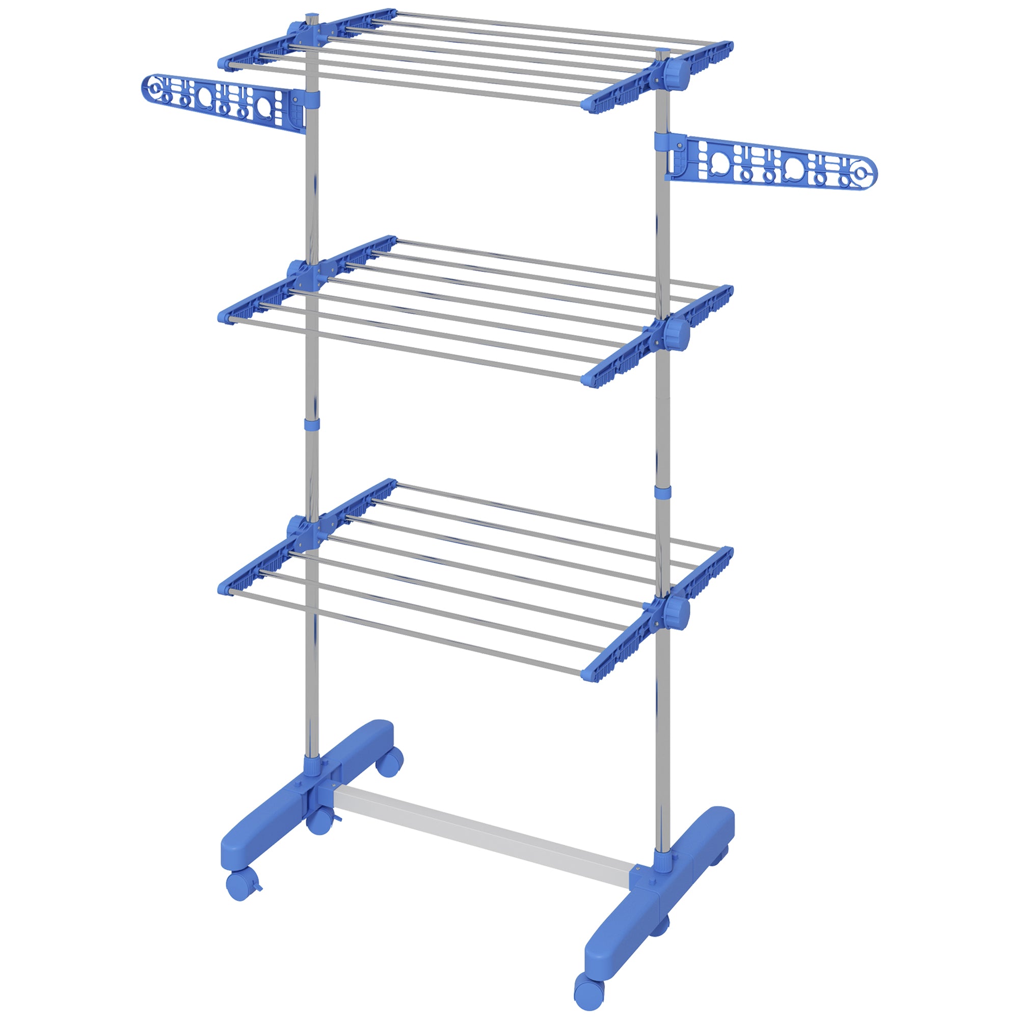 HOMCOM 3-Tier Clothes Drying Rack, Stainless Steel Laundry Rack with 2 Side Wings and 6 Castors, Collapsible Adjustable Clothes Airer for Indoor Outdoor, Blue