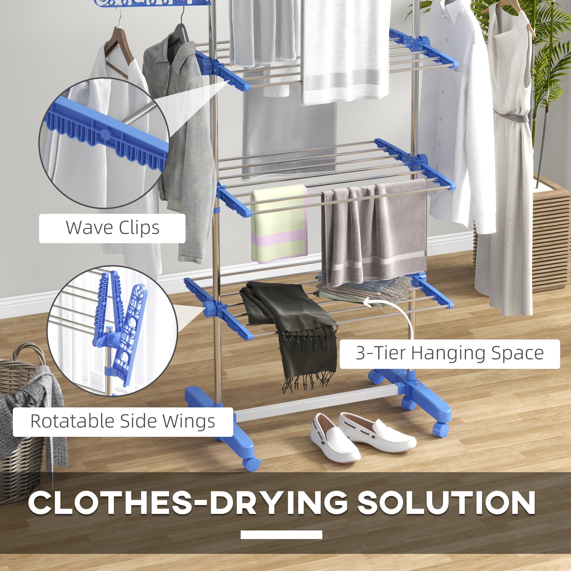 HOMCOM 3-Tier Clothes Airer, Foldable Clothes Drying Rack, Stainless Steel Indoor and Outdoor Clothes Dryer with Wheels and Wings, Easy Assembly, 142 x 55 x 152cm, Blue