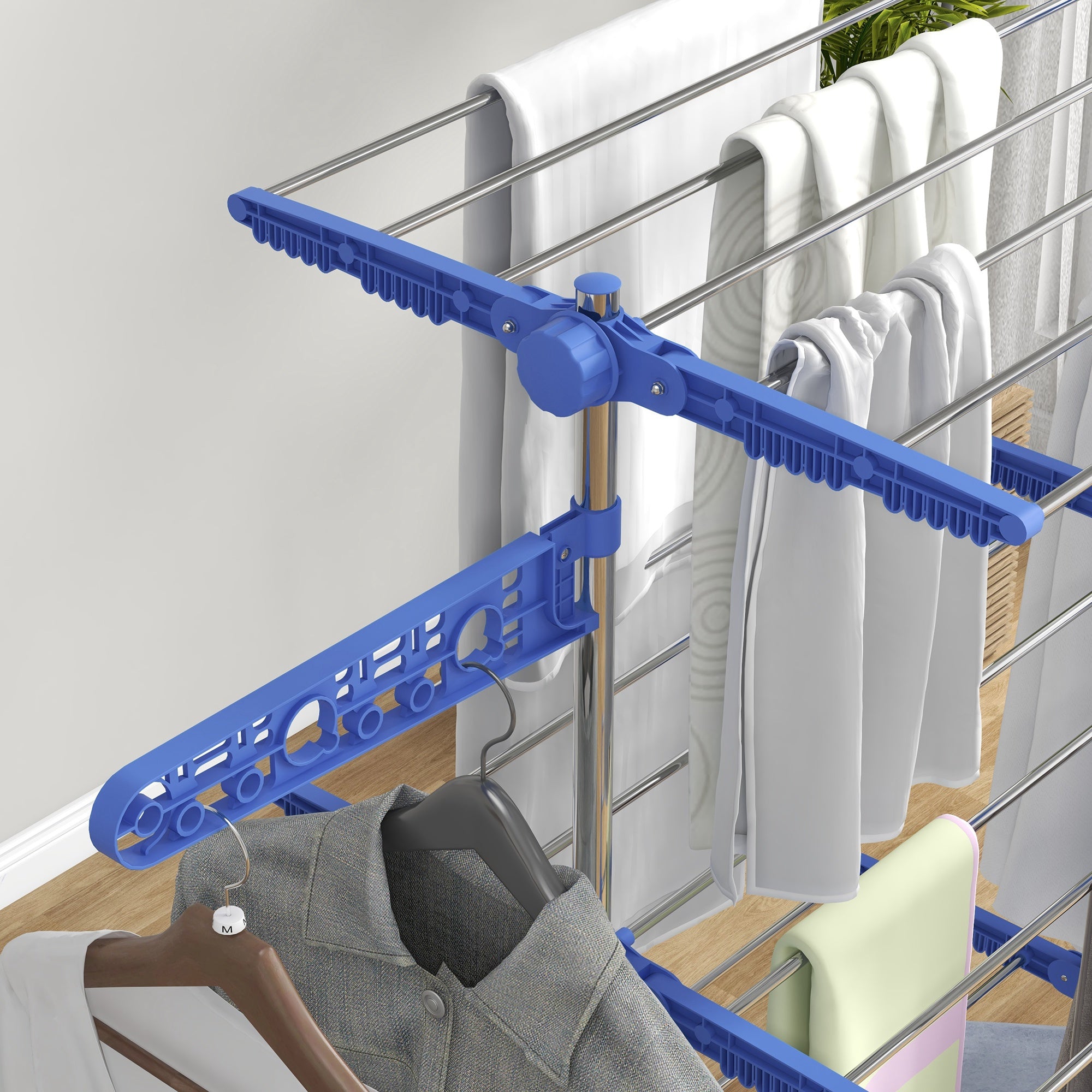 HOMCOM 3-Tier Clothes Drying Rack, Stainless Steel Laundry Rack with 2 Side Wings and 6 Castors, Collapsible Adjustable Clothes Airer for Indoor Outdoor, Blue