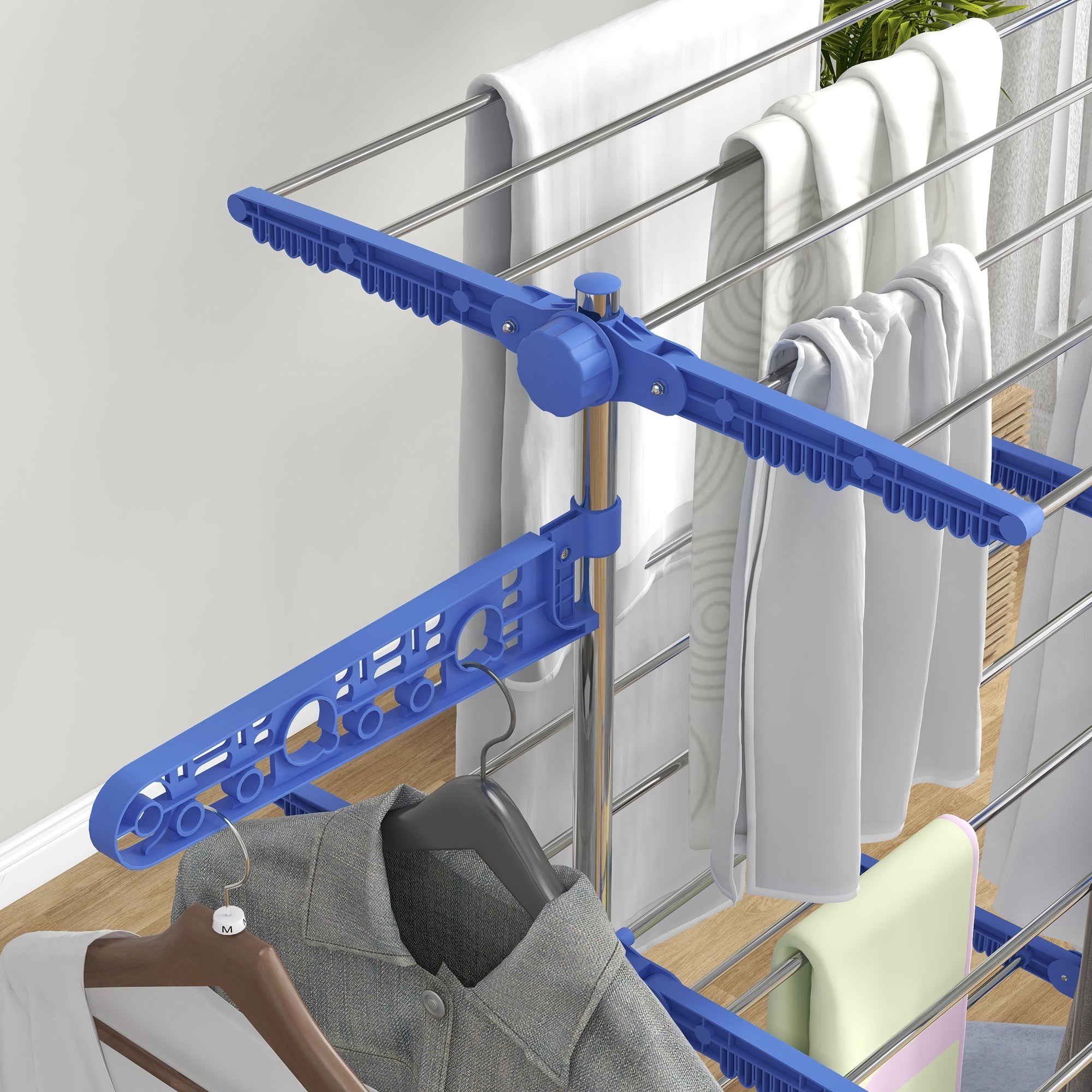 HOMCOM 3-Tier Clothes Airer, Foldable Clothes Drying Rack, Stainless Steel Indoor and Outdoor Clothes Dryer with Wheels and Wings, Easy Assembly, 142 x 55 x 152cm, Blue