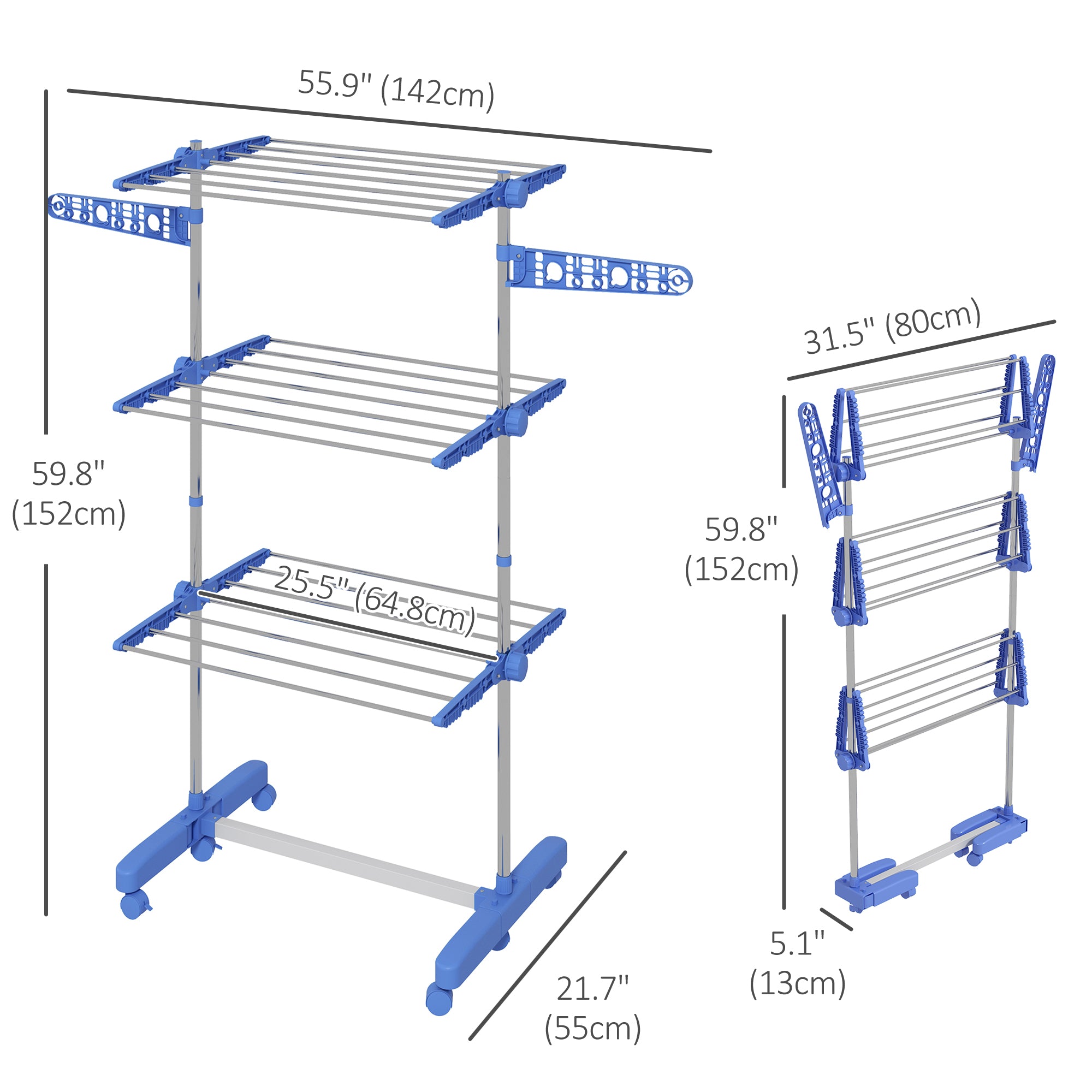 HOMCOM 3-Tier Clothes Drying Rack, Stainless Steel Laundry Rack with 2 Side Wings and 6 Castors, Collapsible Adjustable Clothes Airer for Indoor Outdoor, Blue