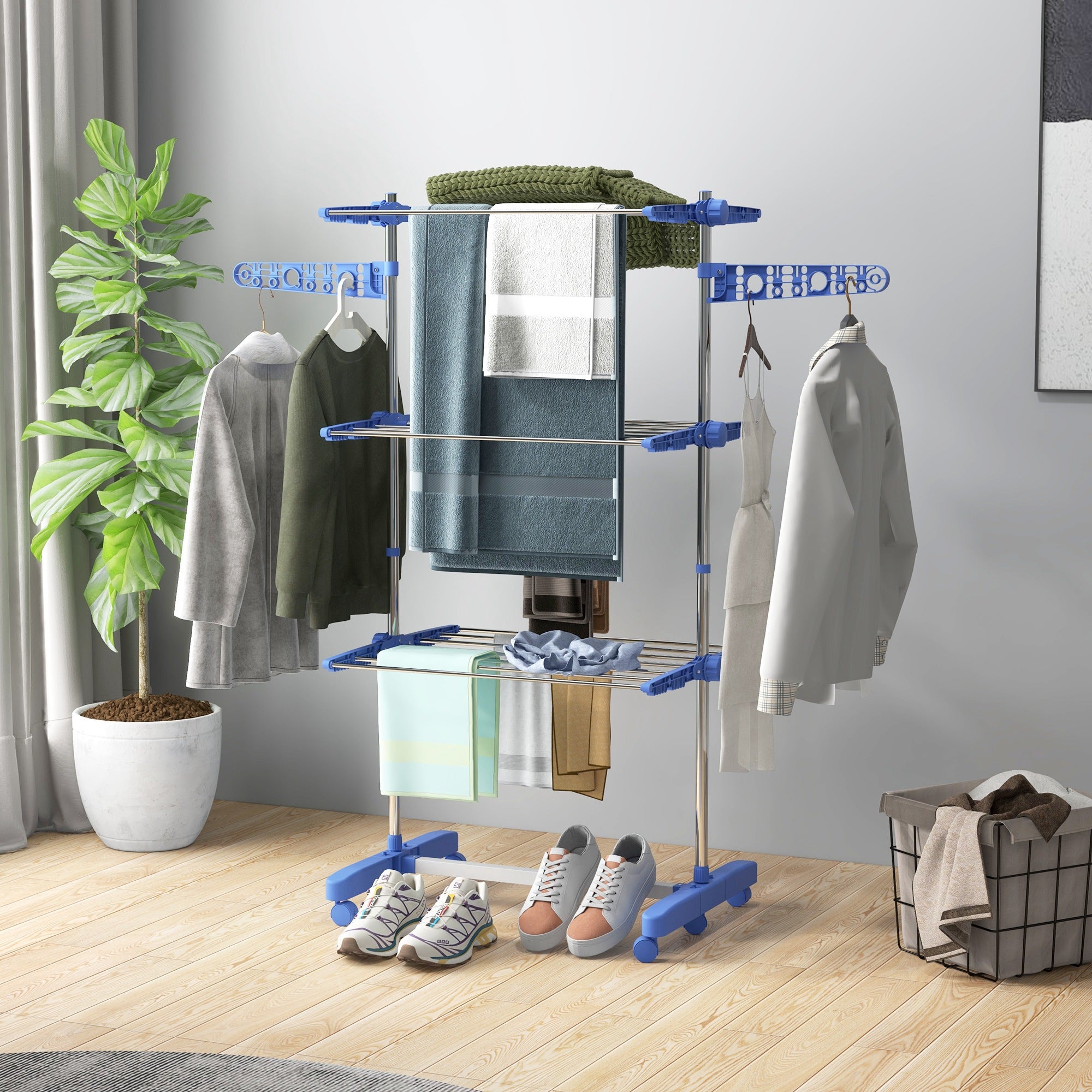 HOMCOM 3-Tier Clothes Drying Rack, Stainless Steel Laundry Rack with 2 Side Wings and 6 Castors, Collapsible Adjustable Clothes Airer for Indoor Outdoor, Blue