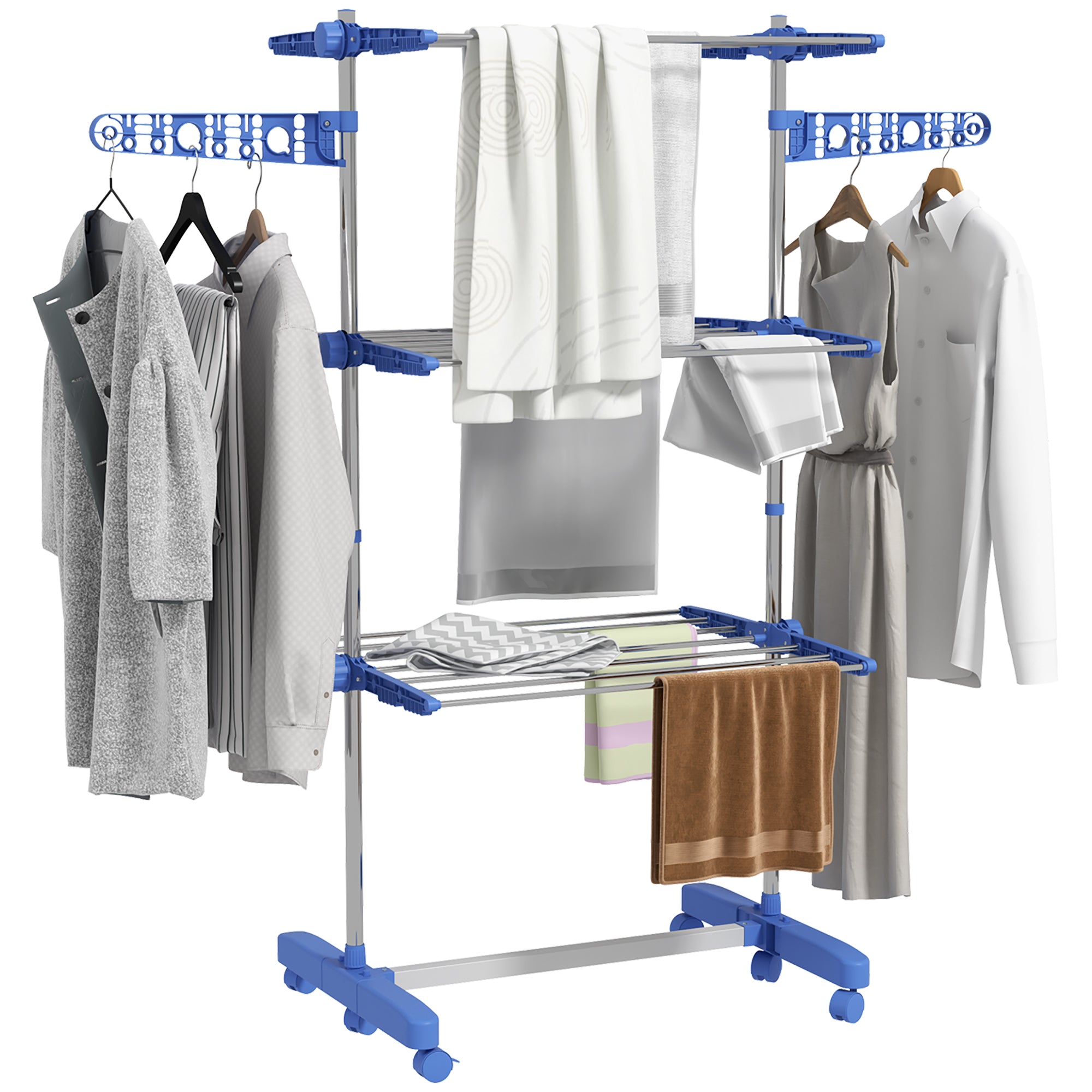 HOMCOM 3-Tier Clothes Drying Rack, Stainless Steel Laundry Rack with 2 Side Wings and 6 Castors, Collapsible Adjustable Clothes Airer for Indoor Outdoor, Blue