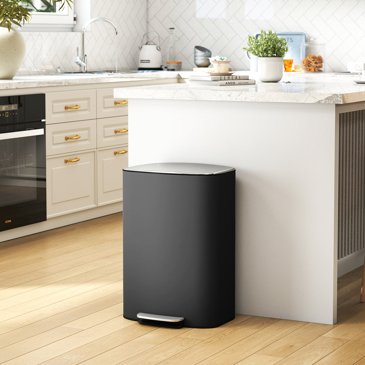 13.2-Gallon Garbage Can, Fingerprint-proof Kitchen Trash Can with Soft-close Lid, Foot Pedal and Stainless Steel Lid, Modern Garbage Bin for Living Room, Home Office, Black