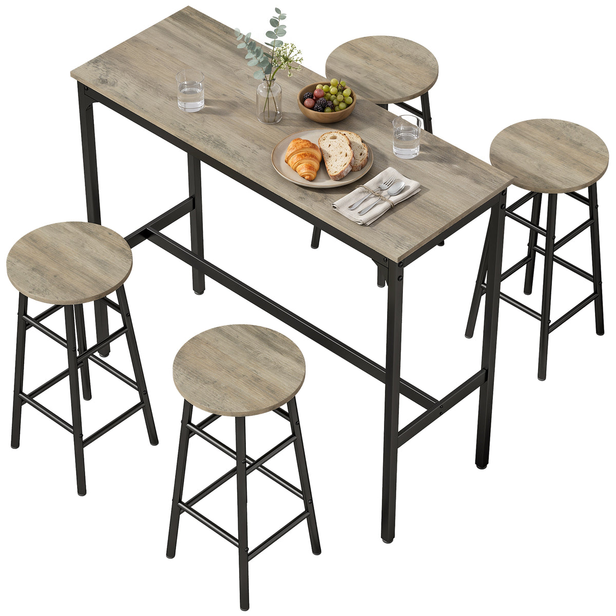 5 Piece Bar Table Set with 4 Stools, Industrial Bar Table and Stool Set, Dining Table and Chair Set for Small Space, Grey Wood Effect