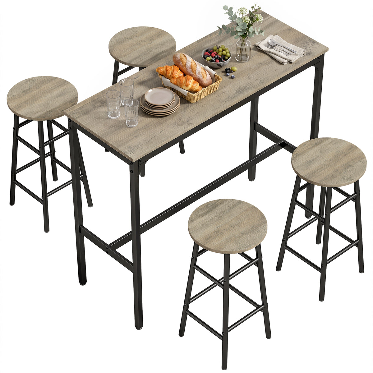 5 Piece Bar Table Set with 4 Stools, Industrial Bar Table and Stool Set, Dining Table and Chair Set for Small Space, Grey Wood Effect