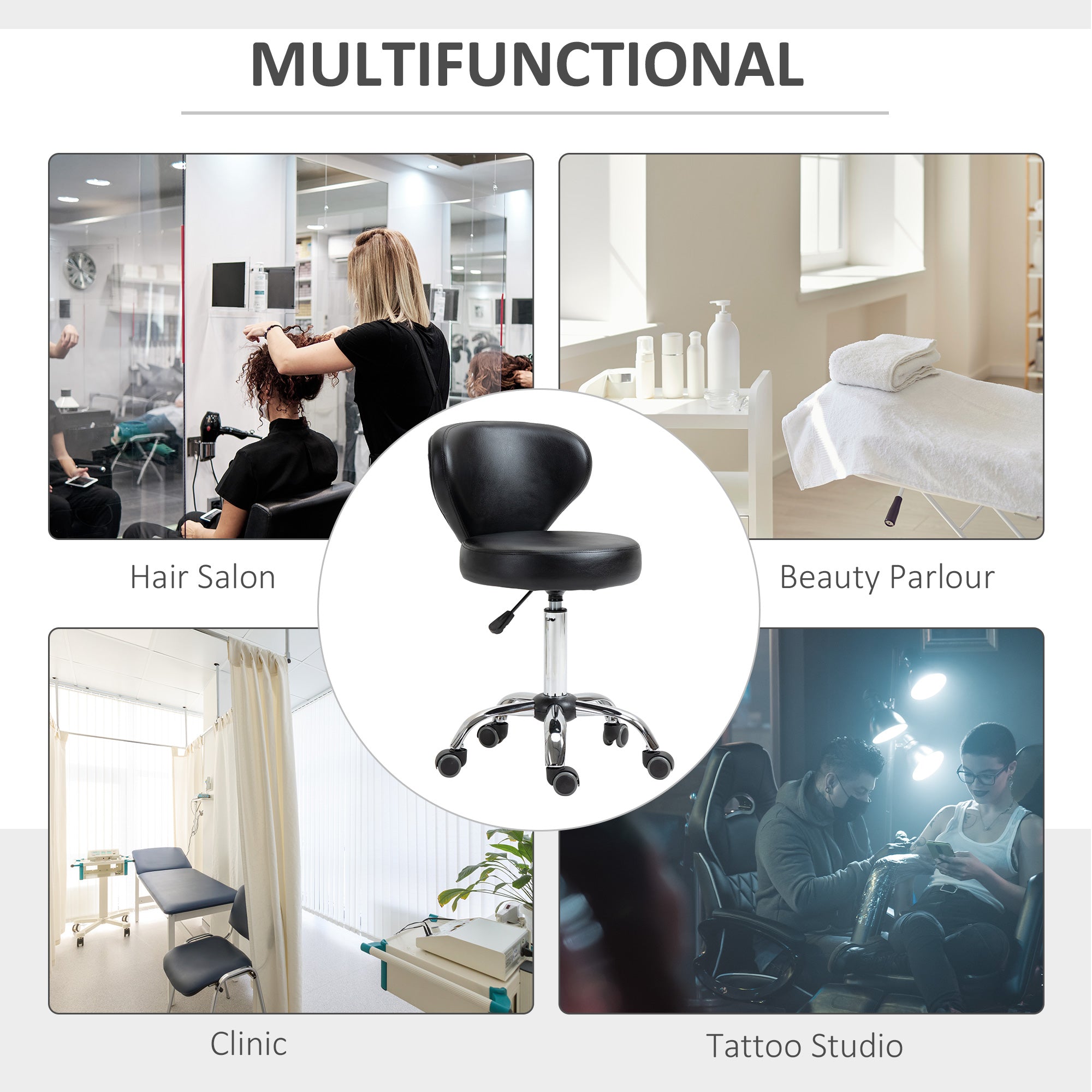 Adjustable Swivel Salon Stool with Backrest and Wheels, Office & Living Room Chair, Synthetic Leather, Black, 17.7" L x 21.3" W x 28.7" - 34.6" H