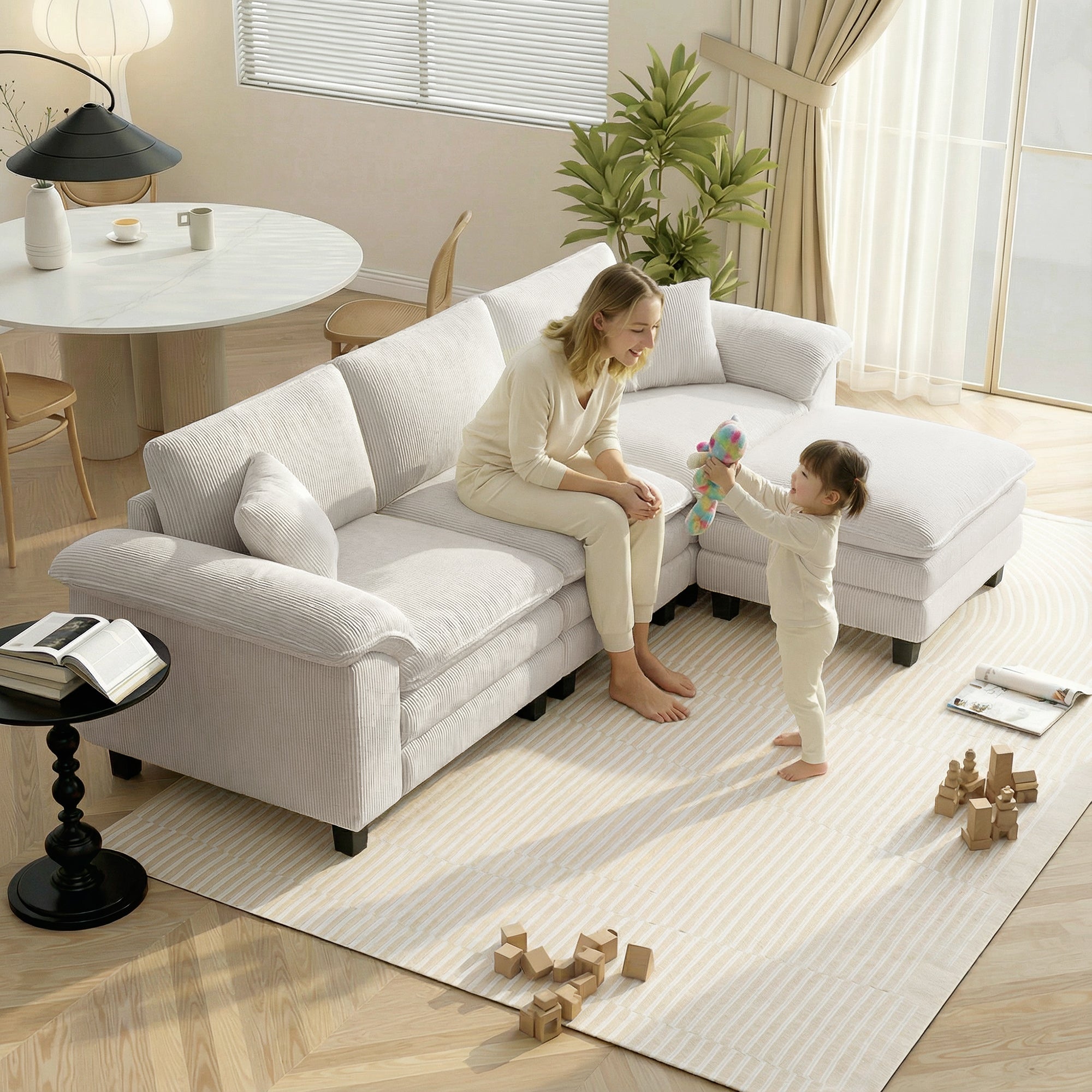 124" Sectional Sofa, L Shaped Couch with Deep Seat, Movable Ottoman and Pillow-top Armrests, Corduroy 3 Seat Sectional Couch for Living Room, 2200lb Capacity, Beige