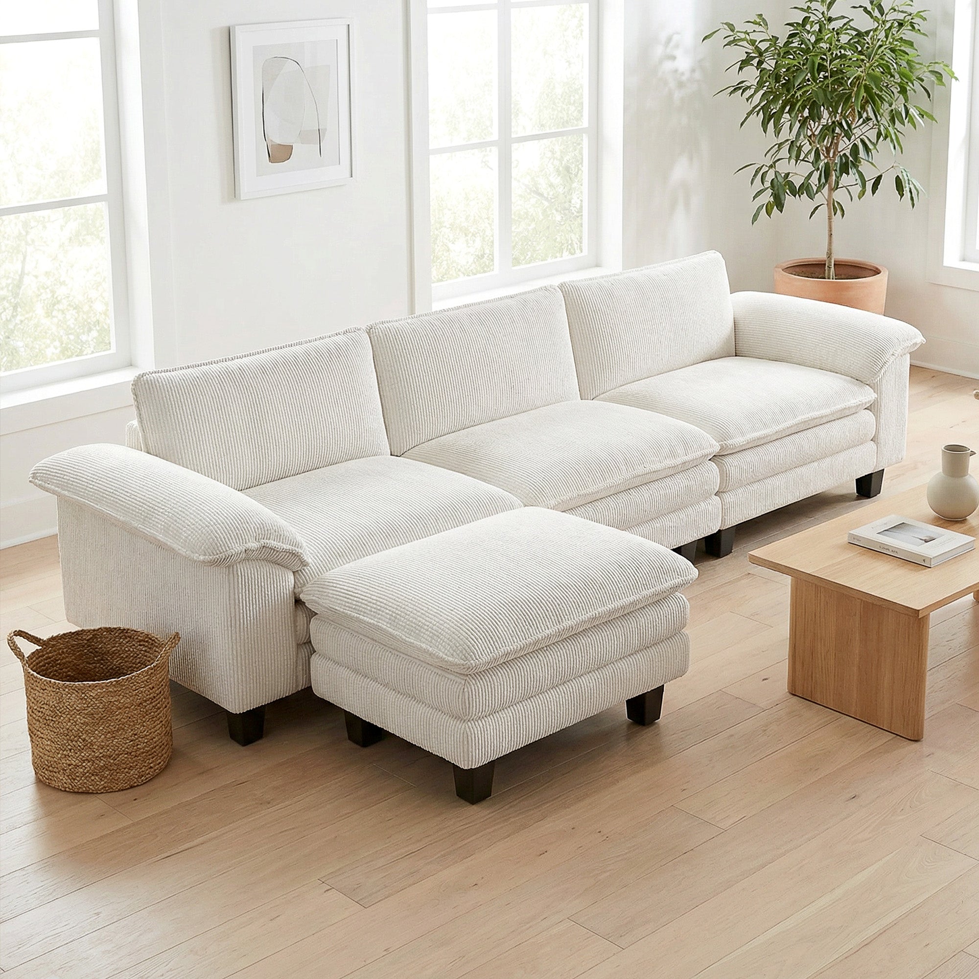 124" Sectional Sofa, L Shaped Couch with Deep Seat, Movable Ottoman and Pillow-top Armrests, Corduroy 3 Seat Sectional Couch for Living Room, 2200lb Capacity, Beige