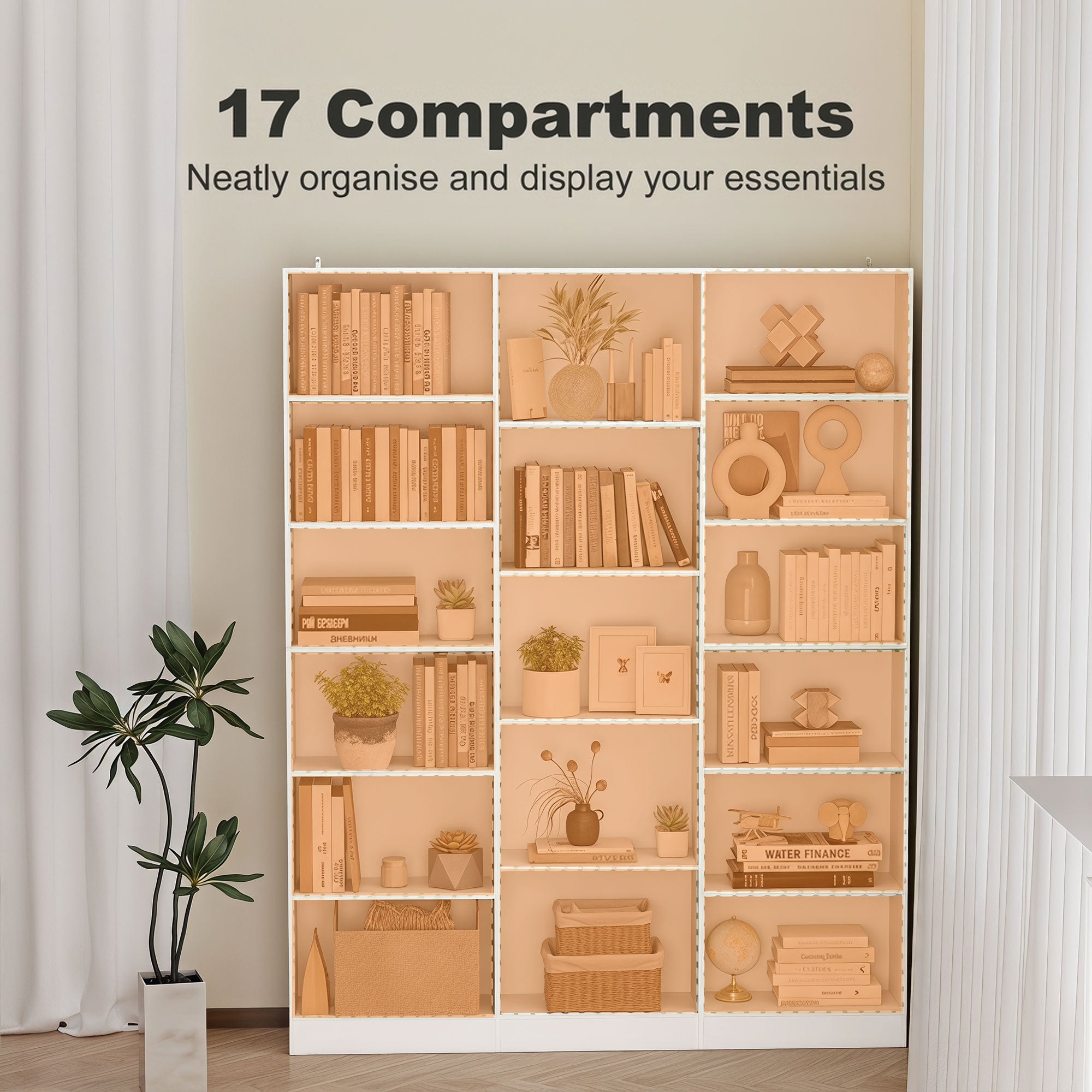 Bookcase with 17 Compartments, 6-Tier Tall Bookshelf with 17 Cubes, Adjustable Shelves, Freestanding Shelving Unit Display Shelf for Home Office, Living Room, 149 x 23.6 x 188 cm, White