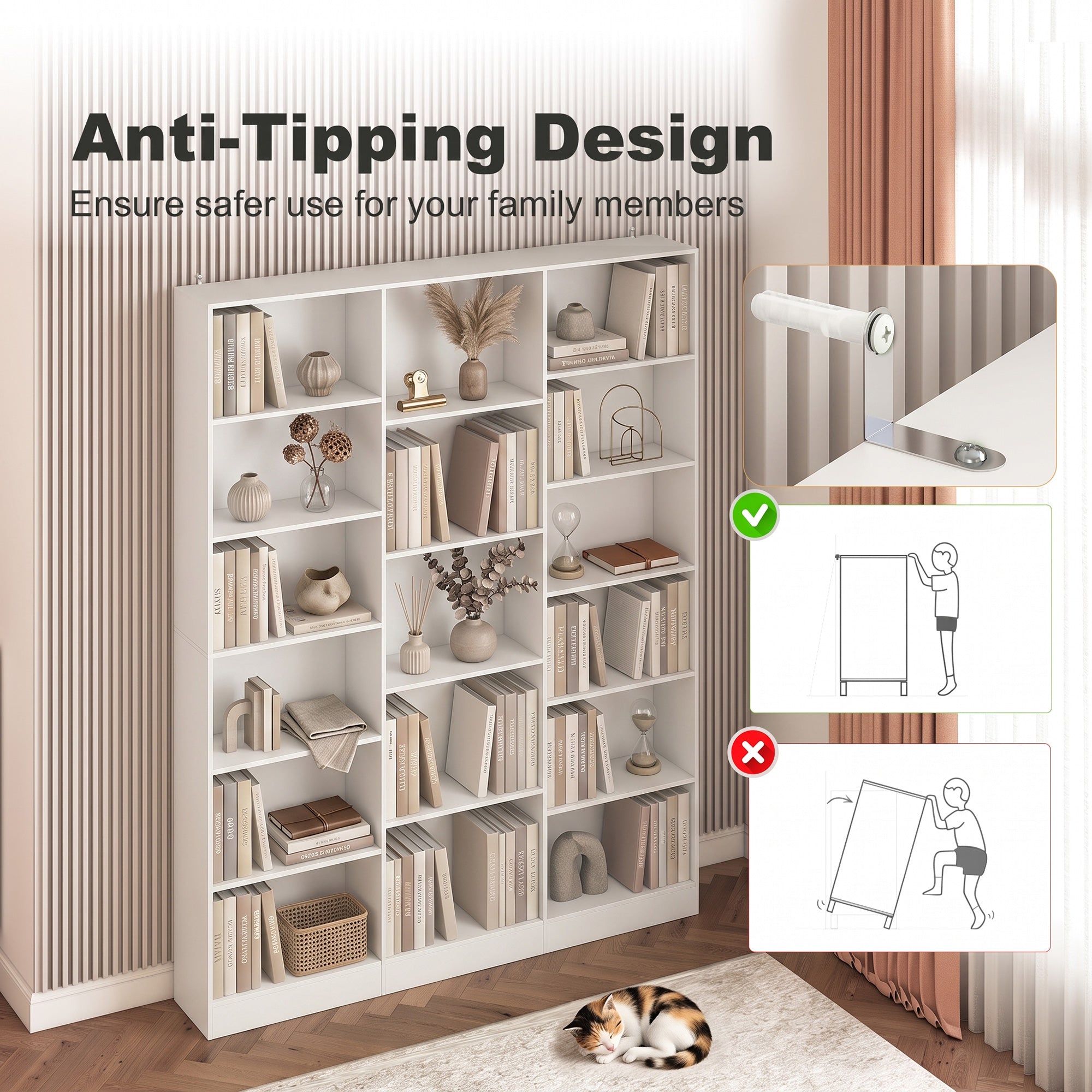 Bookcase with 17 Compartments, 6-Tier Tall Bookshelf with 17 Cubes, Adjustable Shelves, Freestanding Shelving Unit Display Shelf for Home Office, Living Room, 149 x 23.6 x 188 cm, White
