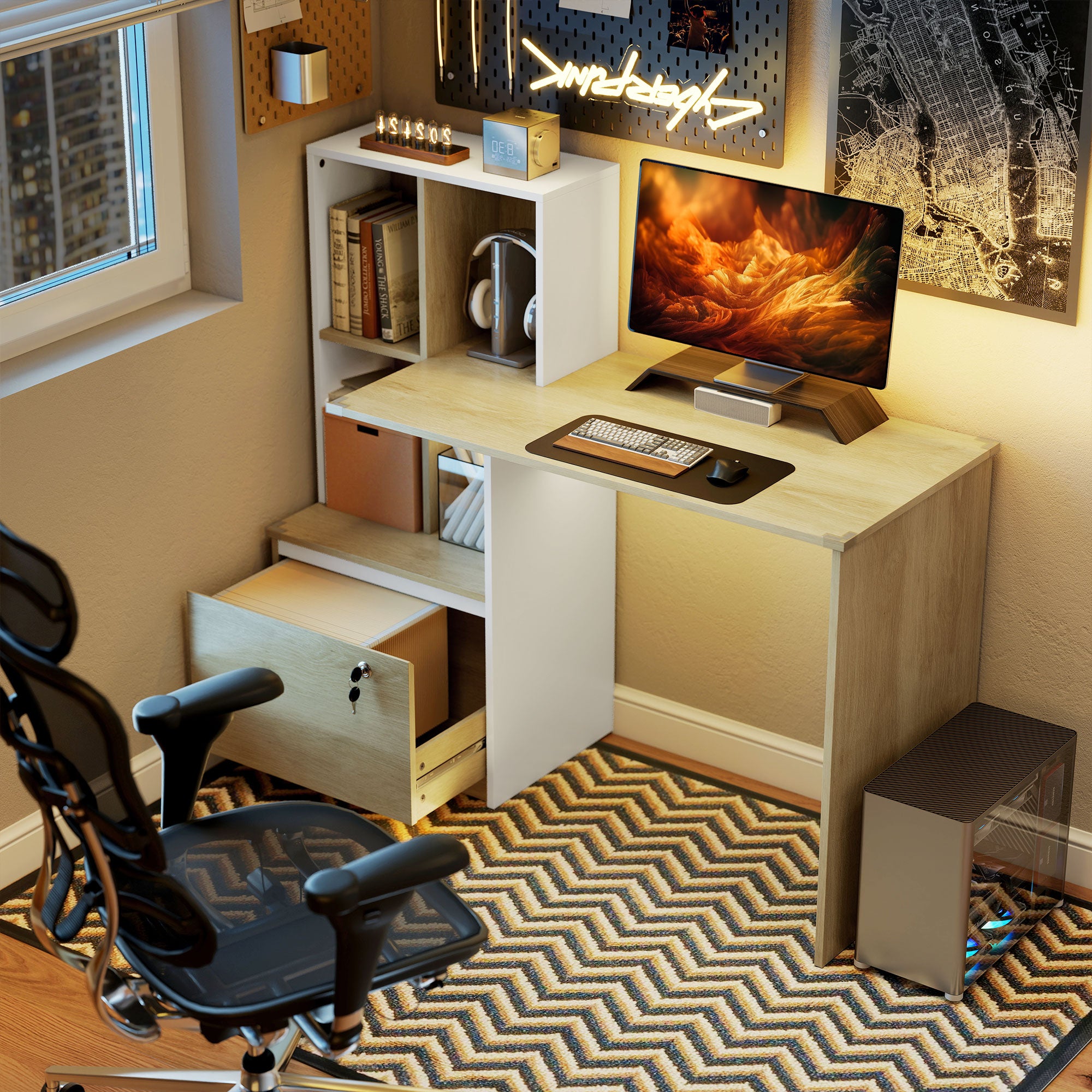 126 cm Computer Desk, Home Office Desk with Bookshelf and Lockable Drawer, Adjustable Hanging Rails for A4 and Letter Size Files, Small Writing Table for Bedroom, Study Room, Oak Wood Effect