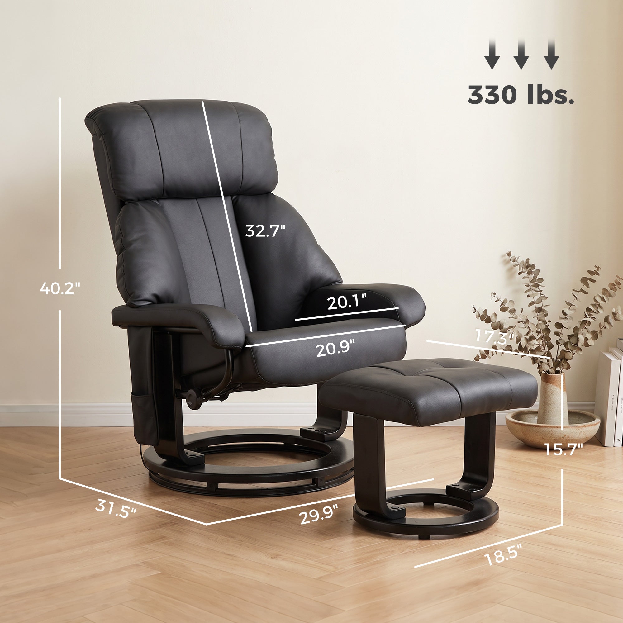 Massage Recliner Chair with Ottoman, 360° Swivel Recliner and Footstool, 10-Point Vibration, PU Leather Reclining Chair with Remote Control, Black