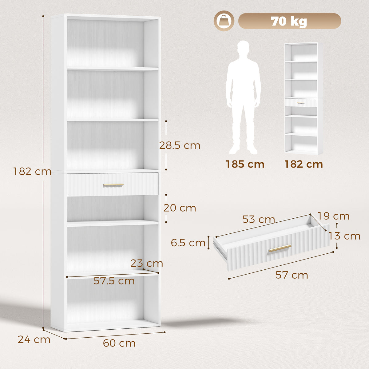 Tall Bookcase with Cubes, 7-Tier Bookshelf with Drawer, Freestanding Shelving Unit, 60 x 24 x 182 cm, Space-Saving for Study, Home Office, Living Room, White