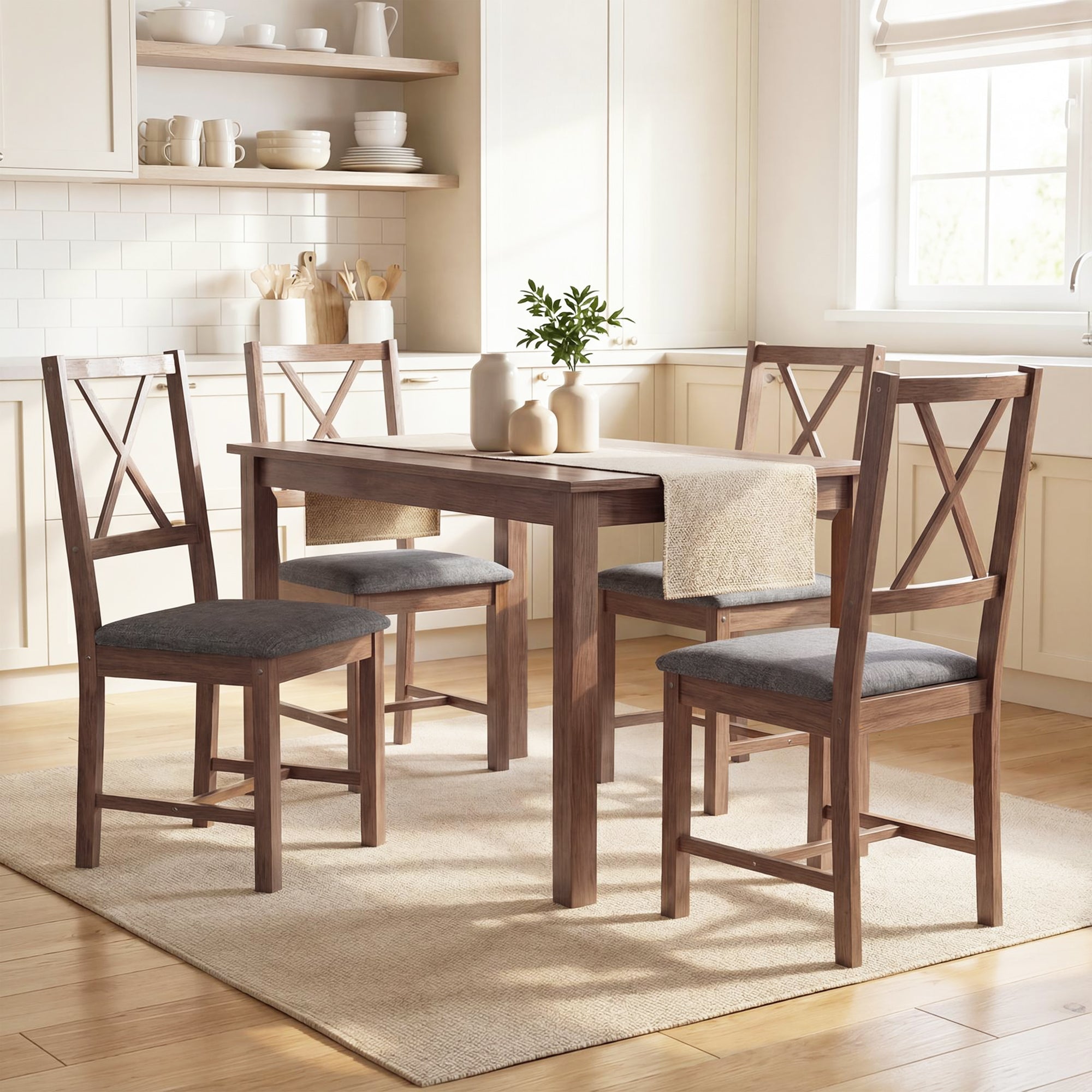 Farmhouse Wooden Dining Chairs Set of 4, Upholstered X-Back Kitchen Chairs with Rubberwood Legs and Padded Seat for Dining Room, Living Room, Gray