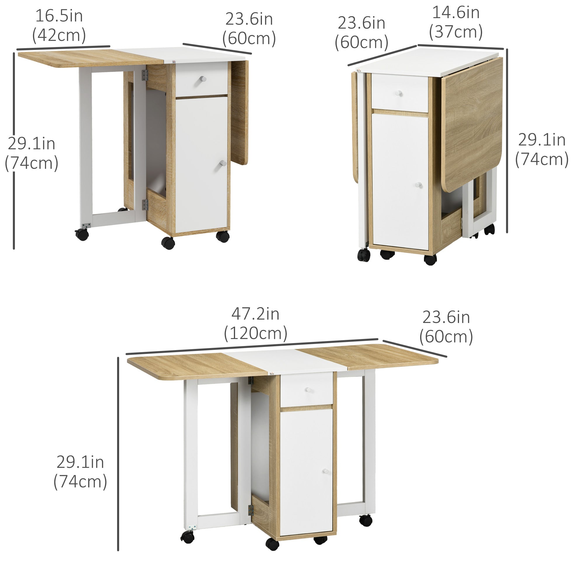 HOMCOM Foldable Dining Table, Movable Drop Leaf Table for Small Spaces with 2 Drawers, Cabinet and Caster Wheels, Folding Table for Kitchen, Dining Room, Oak