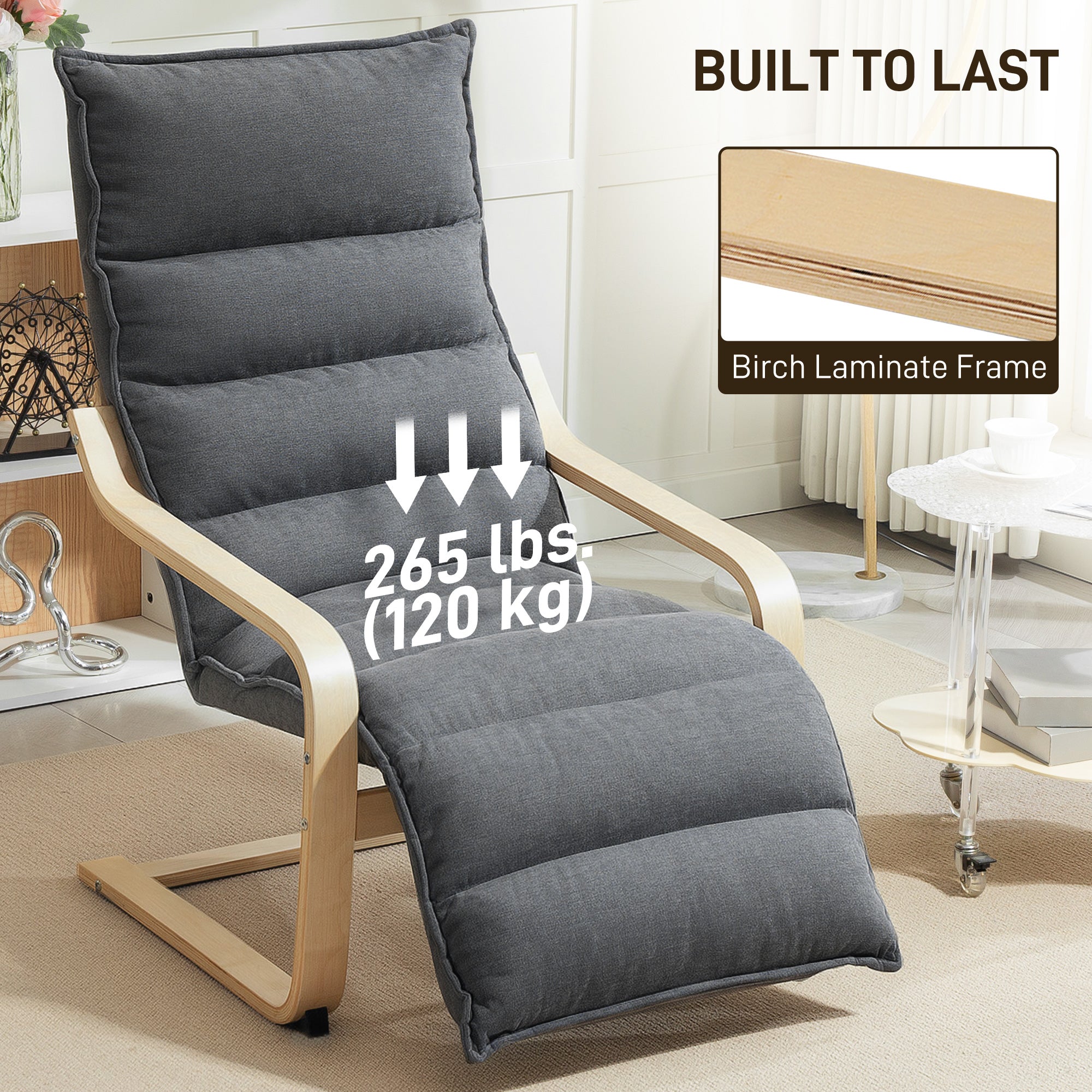 Modern Accent Chair, Velvet Upholstered Living Room Chair with Footrest, Wood Frame, Comfy Armchair for Bedroom, Balcony, Dark Grey