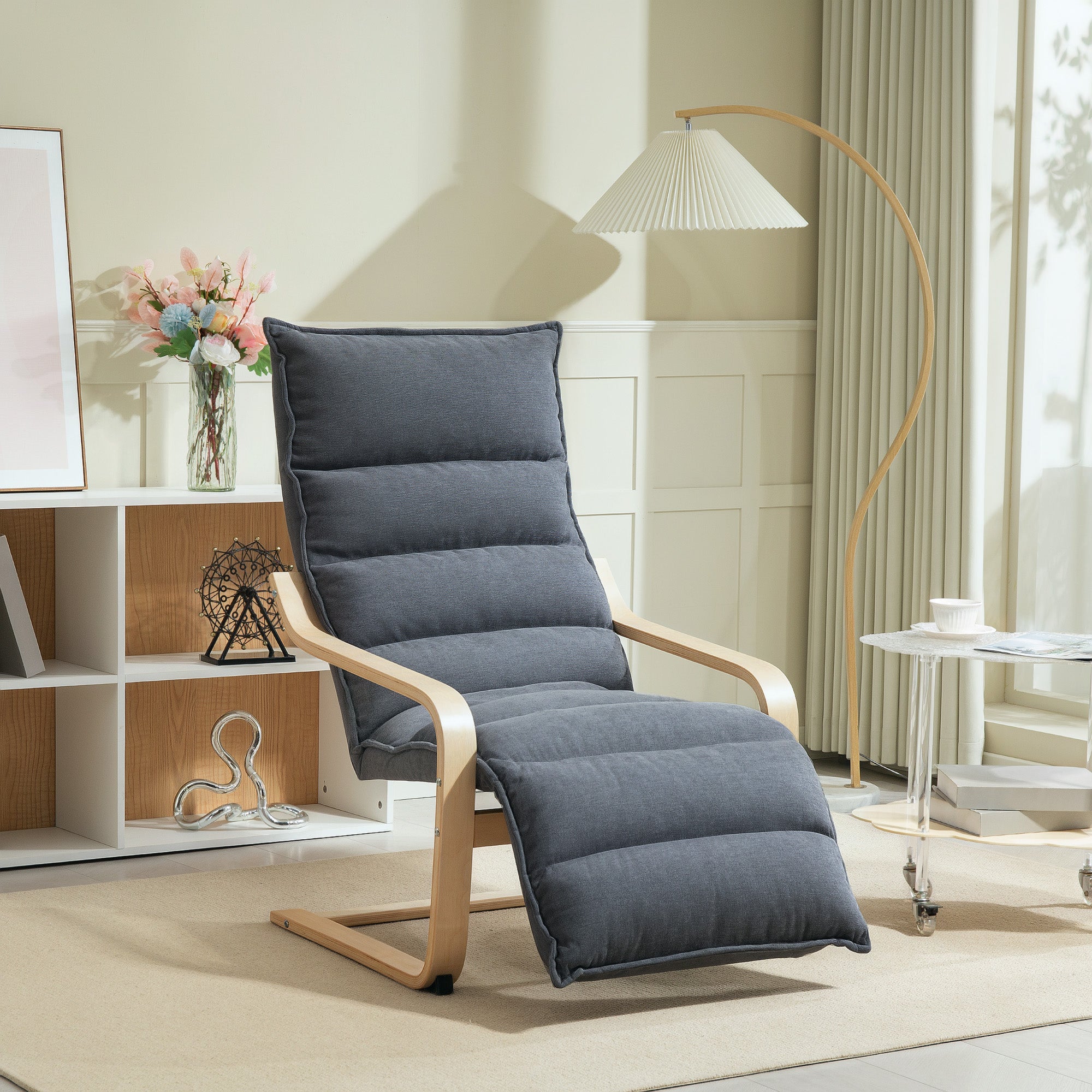 Modern Accent Chair, Velvet Upholstered Living Room Chair with Footrest, Wood Frame, Comfy Armchair for Bedroom, Balcony, Dark Grey