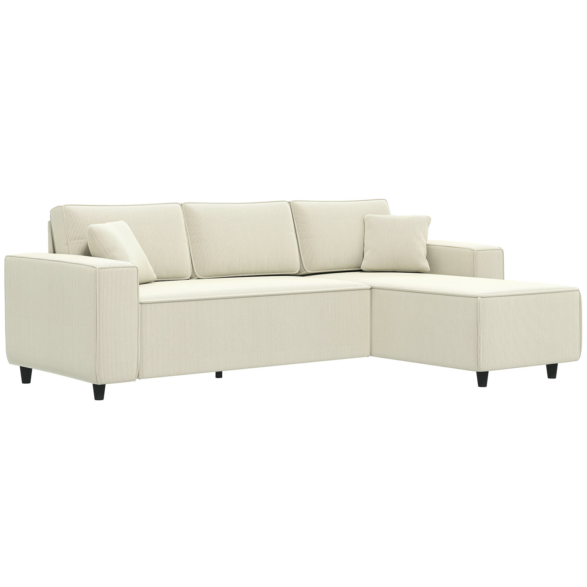 95" Sectional Sofa with Reversible Chaise Lounge, L-Shaped Corner Sofa with Corduroy Fabric, Pocket Spring, 2 Pillows, Wide Arm, Thick Padded, 3 Seat Couch for Living Room, Cream White