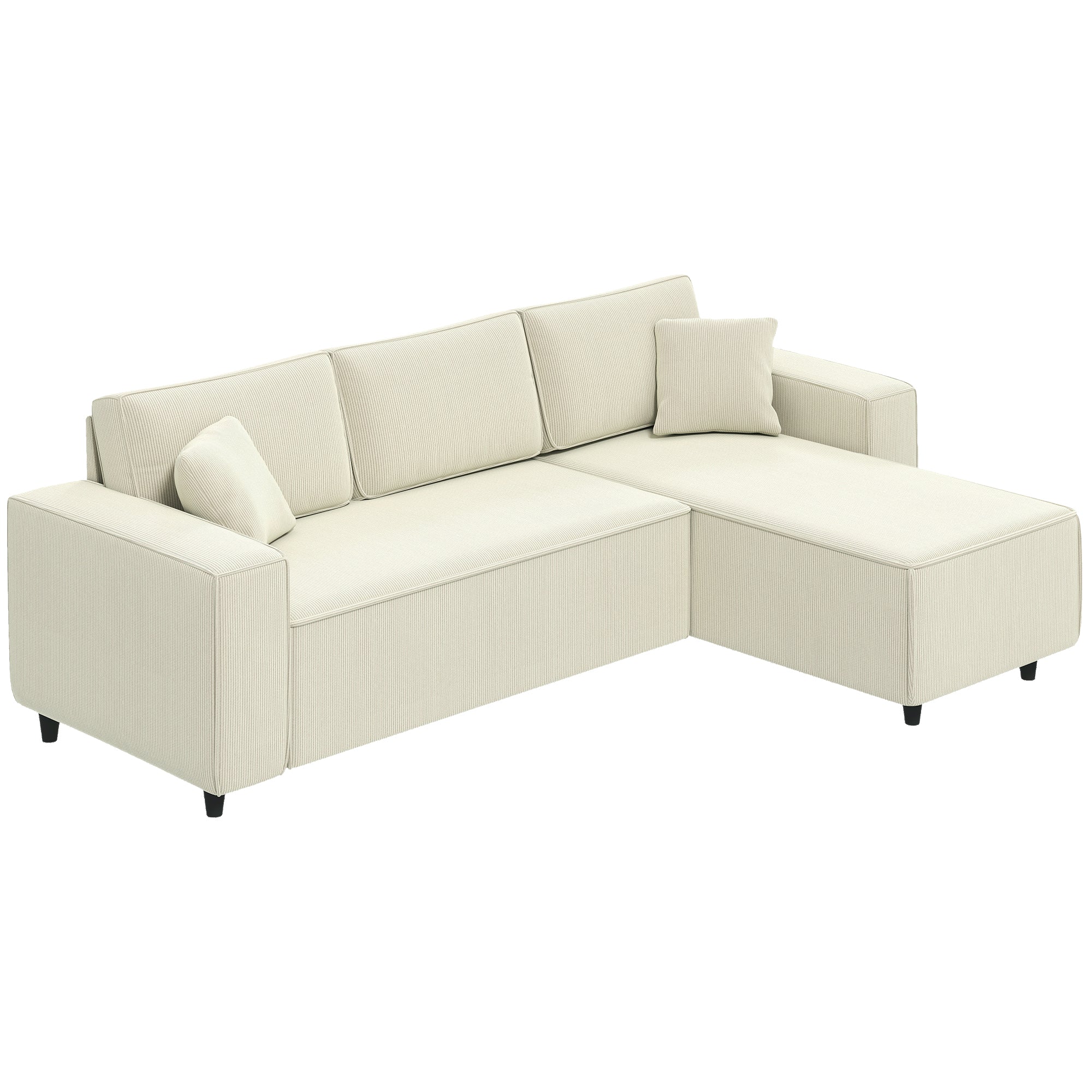95" Sectional Sofa with Reversible Chaise Lounge, L-Shaped Corner Sofa with Corduroy Fabric, Pocket Spring, 2 Pillows, Wide Arm, Thick Padded, 3 Seat Couch for Living Room, Cream White