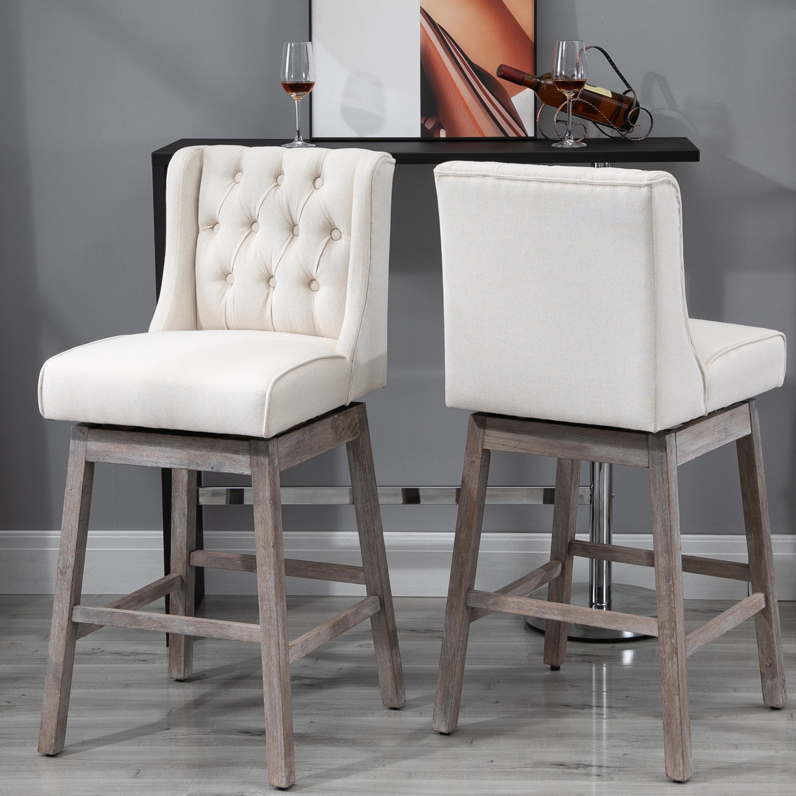 Bar Height Bar Stools Set of 2 180 Degree Swivel Barstools 30" with Solid Wood Footrests Beige