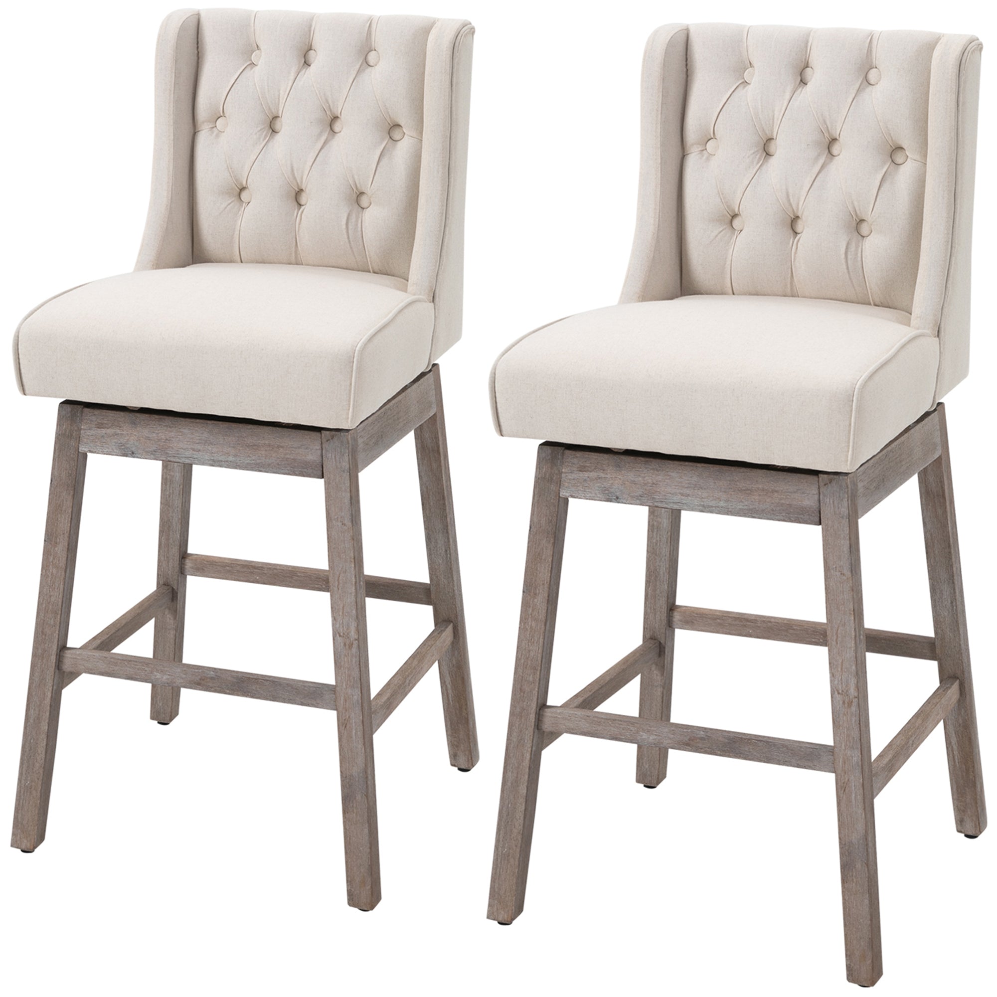 Bar Height Bar Stools Set of 2 180 Degree Swivel Barstools 30" with Solid Wood Footrests Beige