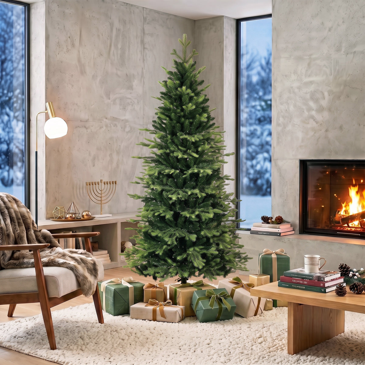 6ft/180cm Artificial Christmas Tree, Geneva Fir Hinged Xmas Tree with 1610 Branch Tips, Foldable Steel Stand, Easy Assembly for Home Office Holiday Decoration, Green