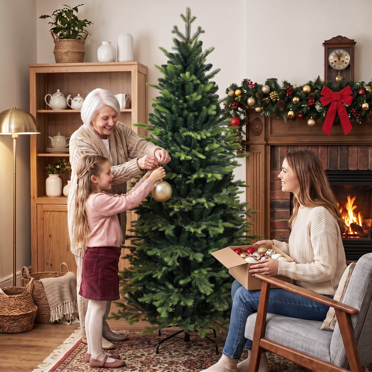 6ft/180cm Artificial Christmas Tree, Geneva Fir Hinged Xmas Tree with 1610 Branch Tips, Foldable Steel Stand, Easy Assembly for Home Office Holiday Decoration, Green