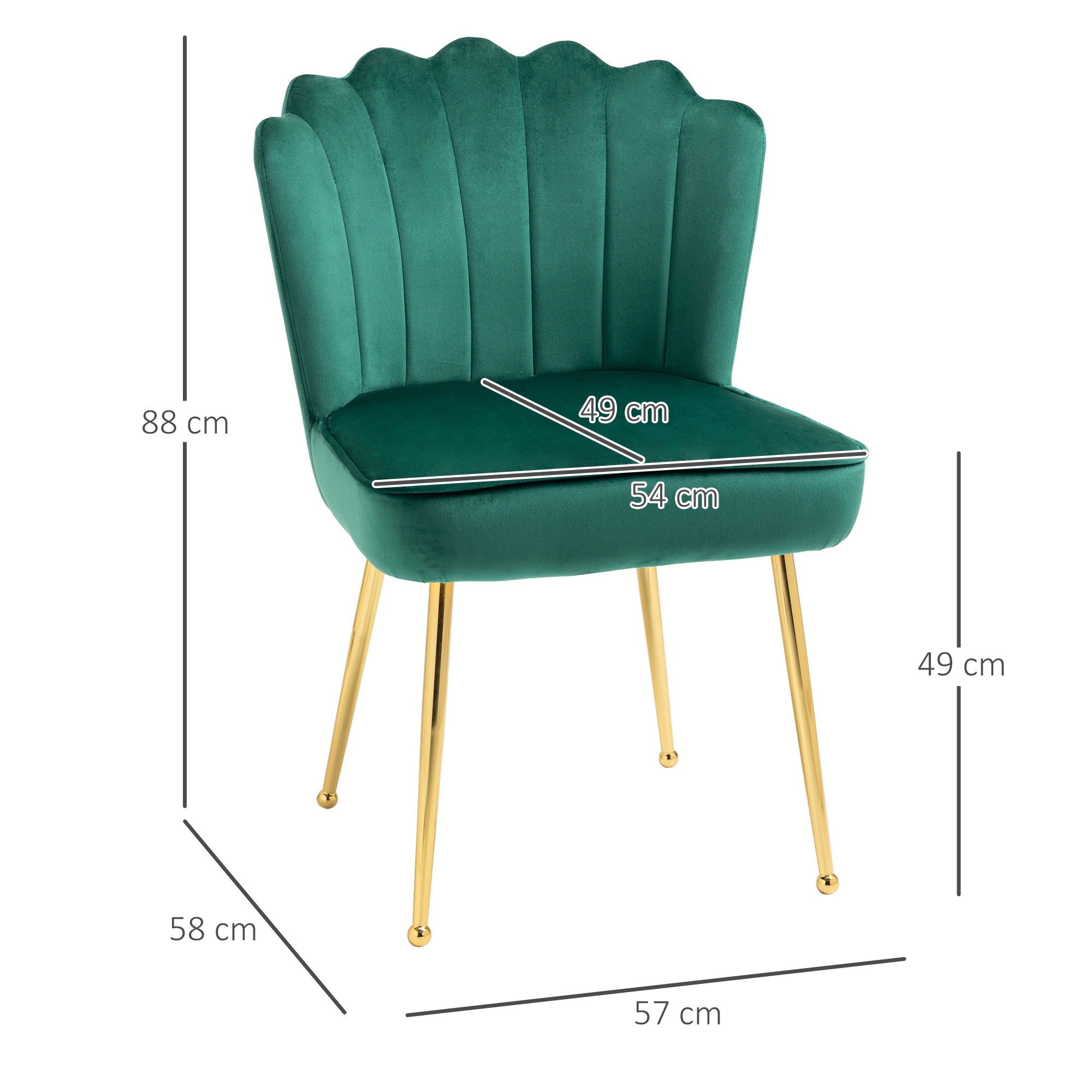 HOMCOM Shell Luxe Velvet Accent Chair with Gold-tone Metal Legs, Modern Vanity Chair for Living Room, Bedroom, Home Office, Green