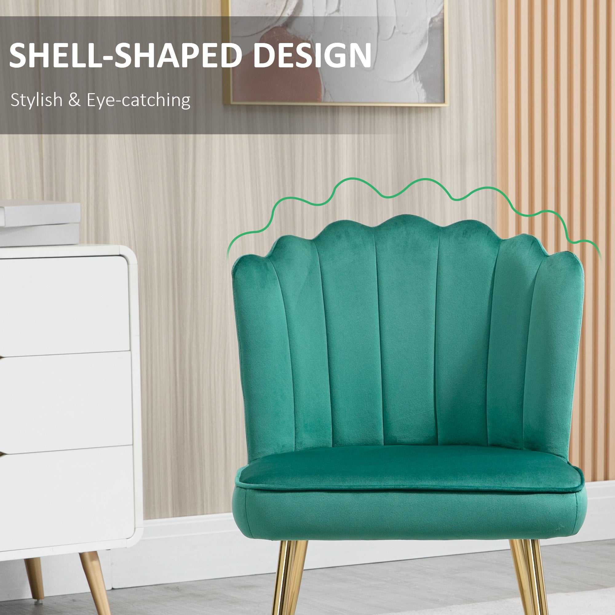 HOMCOM Shell Luxe Velvet Accent Chair with Gold-tone Metal Legs, Modern Vanity Chair for Living Room, Bedroom, Home Office, Green