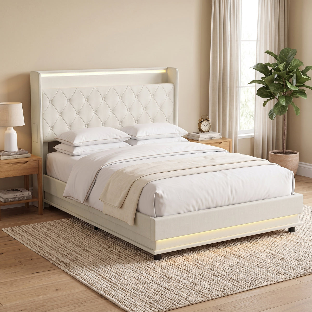 4ft6 Double Ottoman Bed Frame with Hydraulic Storage, APP Control LED Lights and Charging Station, Upholstered Lift Up Storage Bed Frame with Headboard, No Box Spring Needed, Cream White