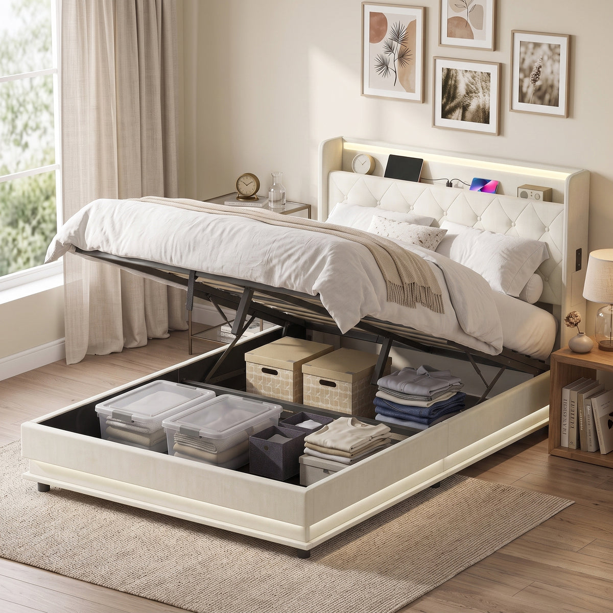 4ft6 Double Ottoman Bed Frame with Hydraulic Storage, APP Control LED Lights and Charging Station, Upholstered Lift Up Storage Bed Frame with Headboard, No Box Spring Needed, Cream White