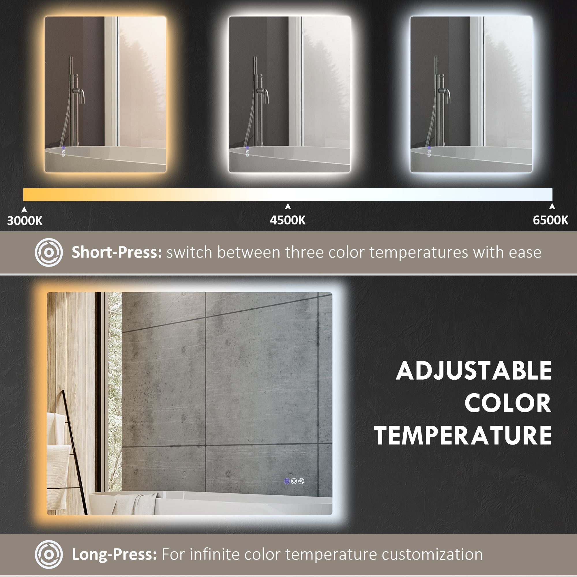 Dimmable Bathroom Mirror with Lights, 39" x 32" Backlit LED Mirror w/ Anti-Fog, Memory & Infinite Color Temperature