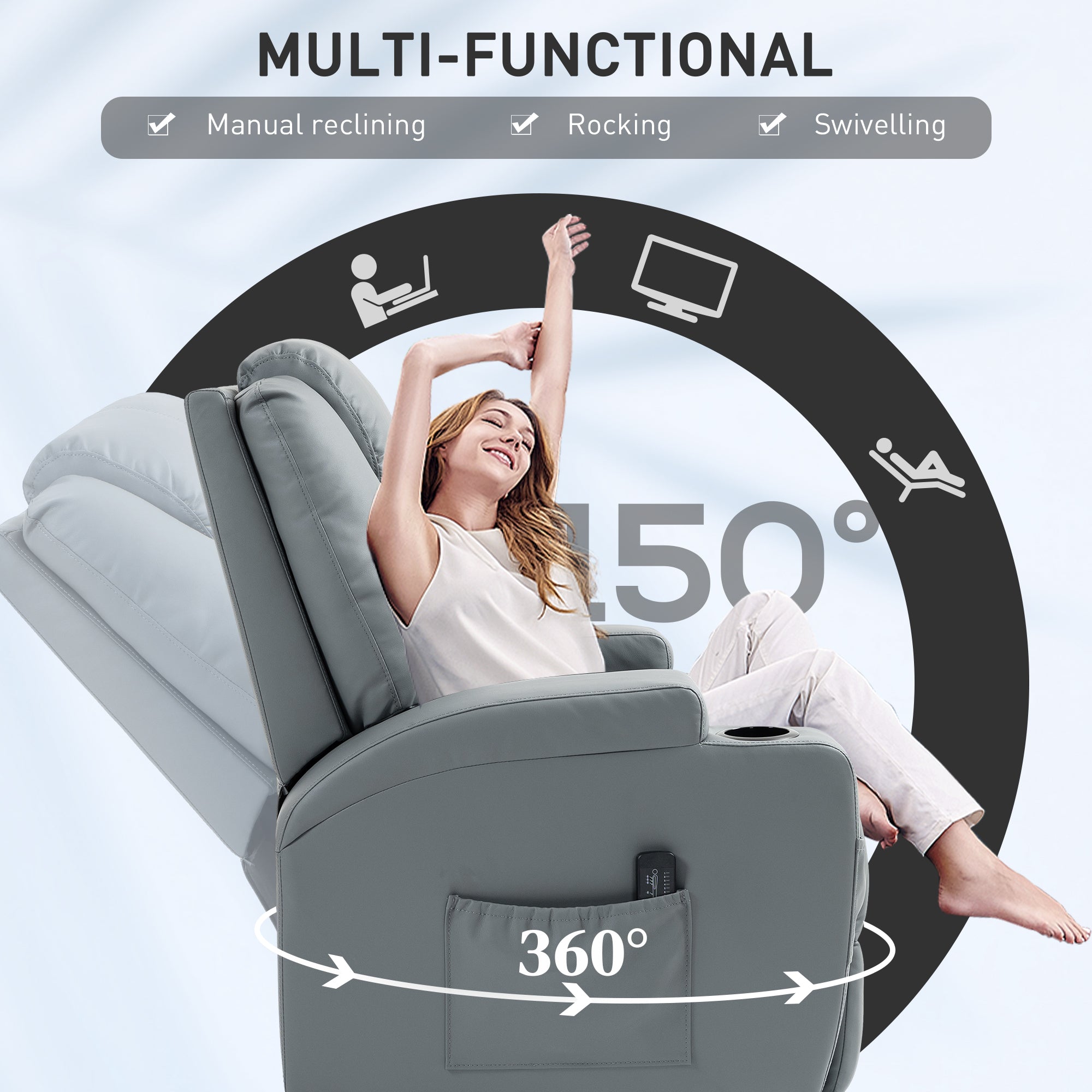 HOMCOM Massage Recliner Chair for Living Room with 8 Vibration Points, PU Leather Swivel Rocker Manual Reclining Chair with Cup Holders, Light Grey