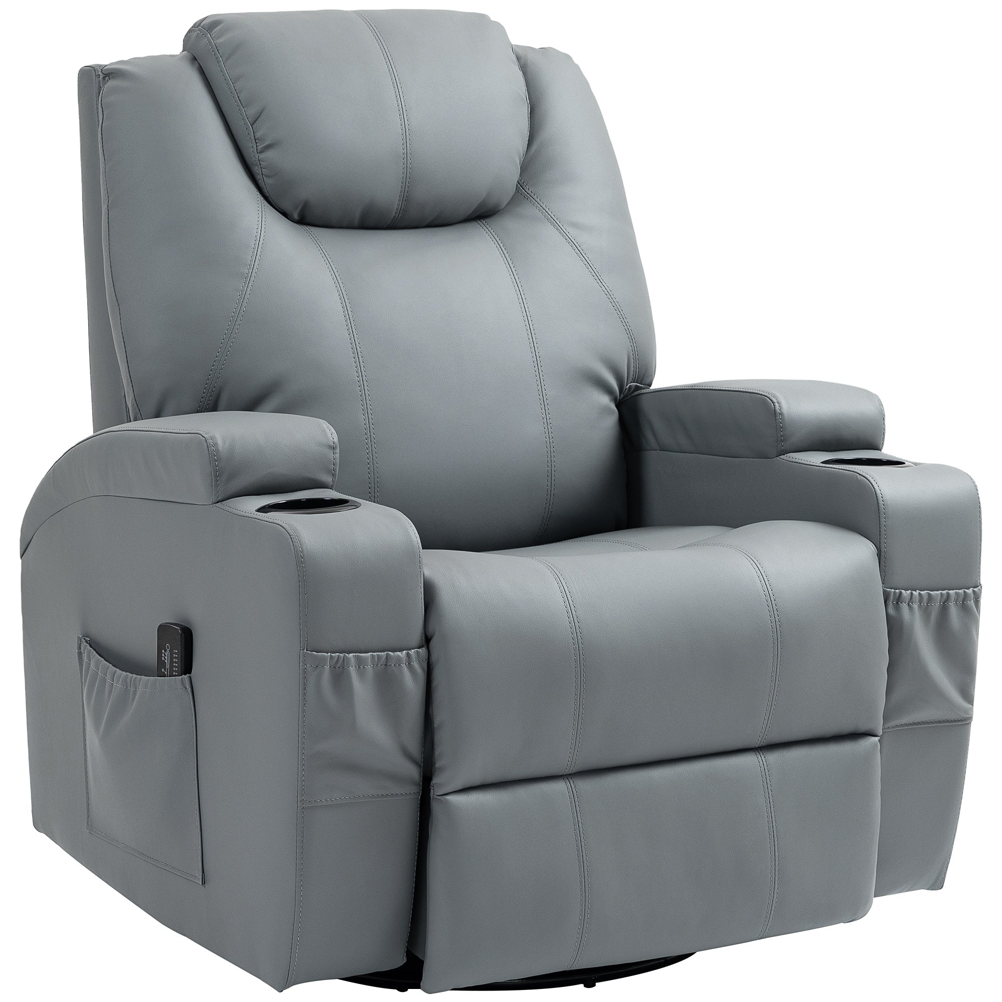 HOMCOM Massage Recliner Chair for Living Room with 8 Vibration Points, PU Leather Swivel Rocker Manual Reclining Chair with Cup Holders, Light Grey