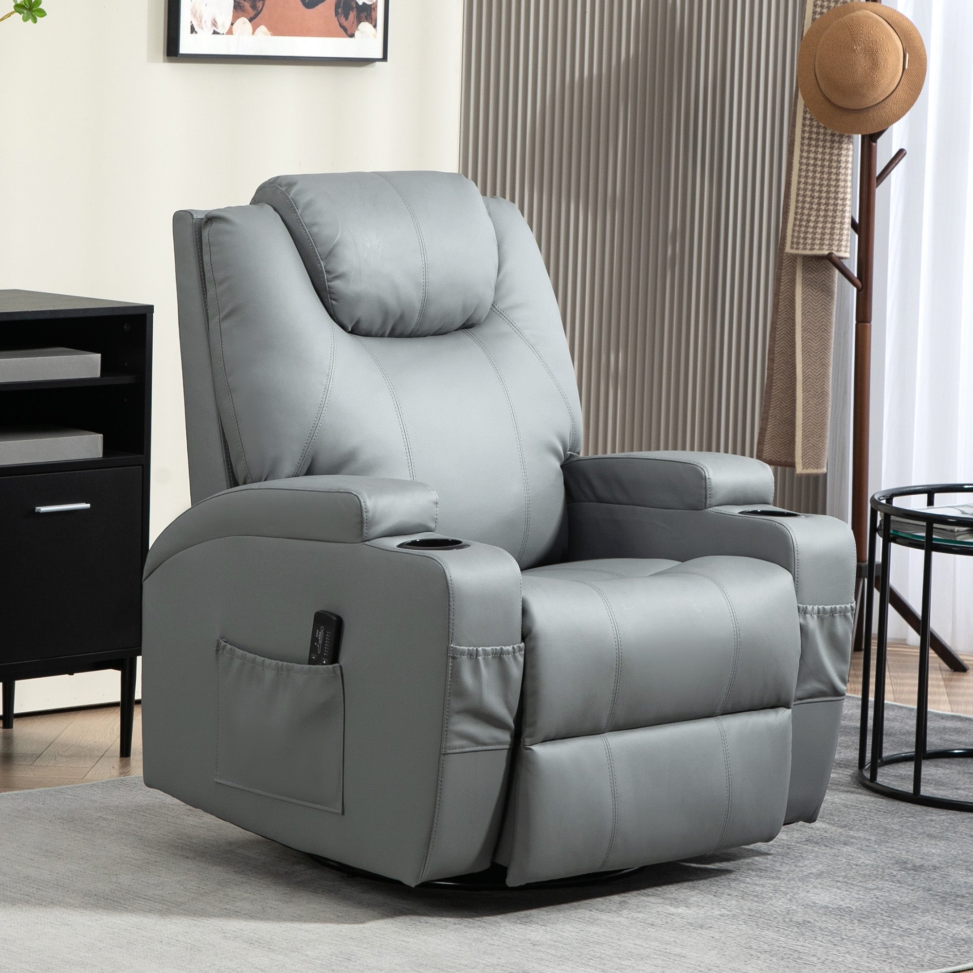 HOMCOM Massage Recliner Chair for Living Room with 8 Vibration Points, PU Leather Swivel Rocker Manual Reclining Chair with Cup Holders, Light Grey