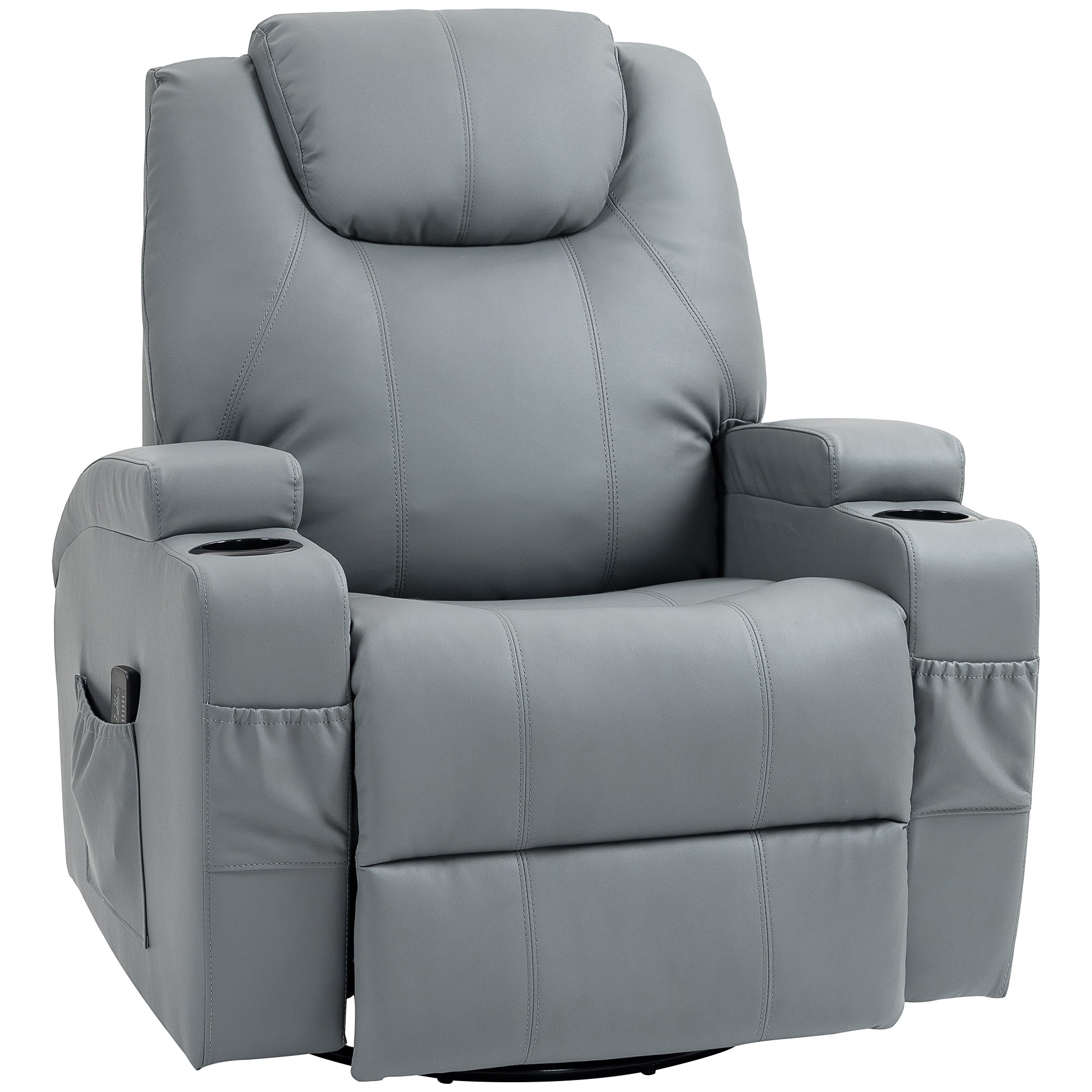 HOMCOM Massage Recliner Chair for Living Room with 8 Vibration Points, PU Leather Swivel Rocker Manual Reclining Chair with Cup Holders, Light Grey