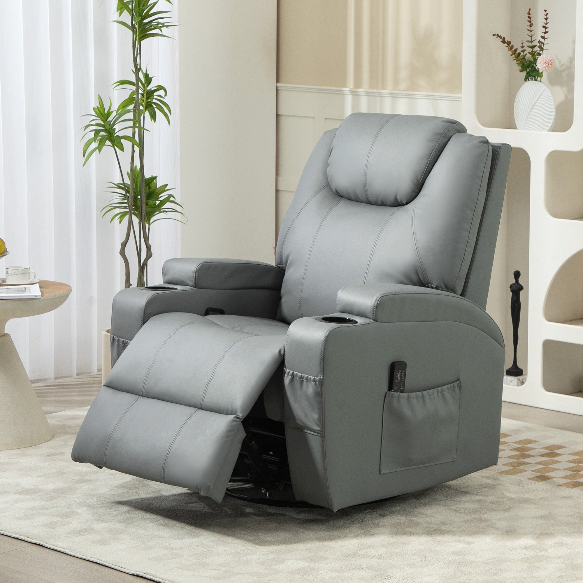 HOMCOM Massage Recliner Chair for Living Room with 8 Vibration Points, PU Leather Swivel Rocker Manual Reclining Chair with Cup Holders, Light Grey