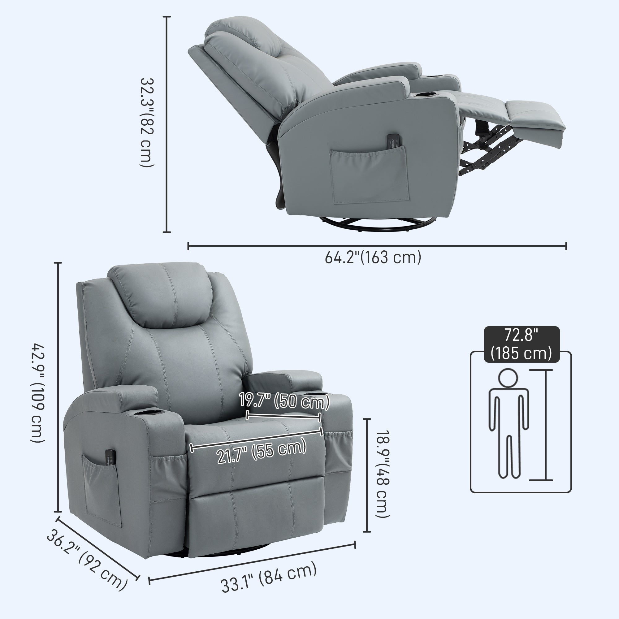 HOMCOM Massage Recliner Chair for Living Room with 8 Vibration Points, PU Leather Swivel Rocker Manual Reclining Chair with Cup Holders, Light Grey