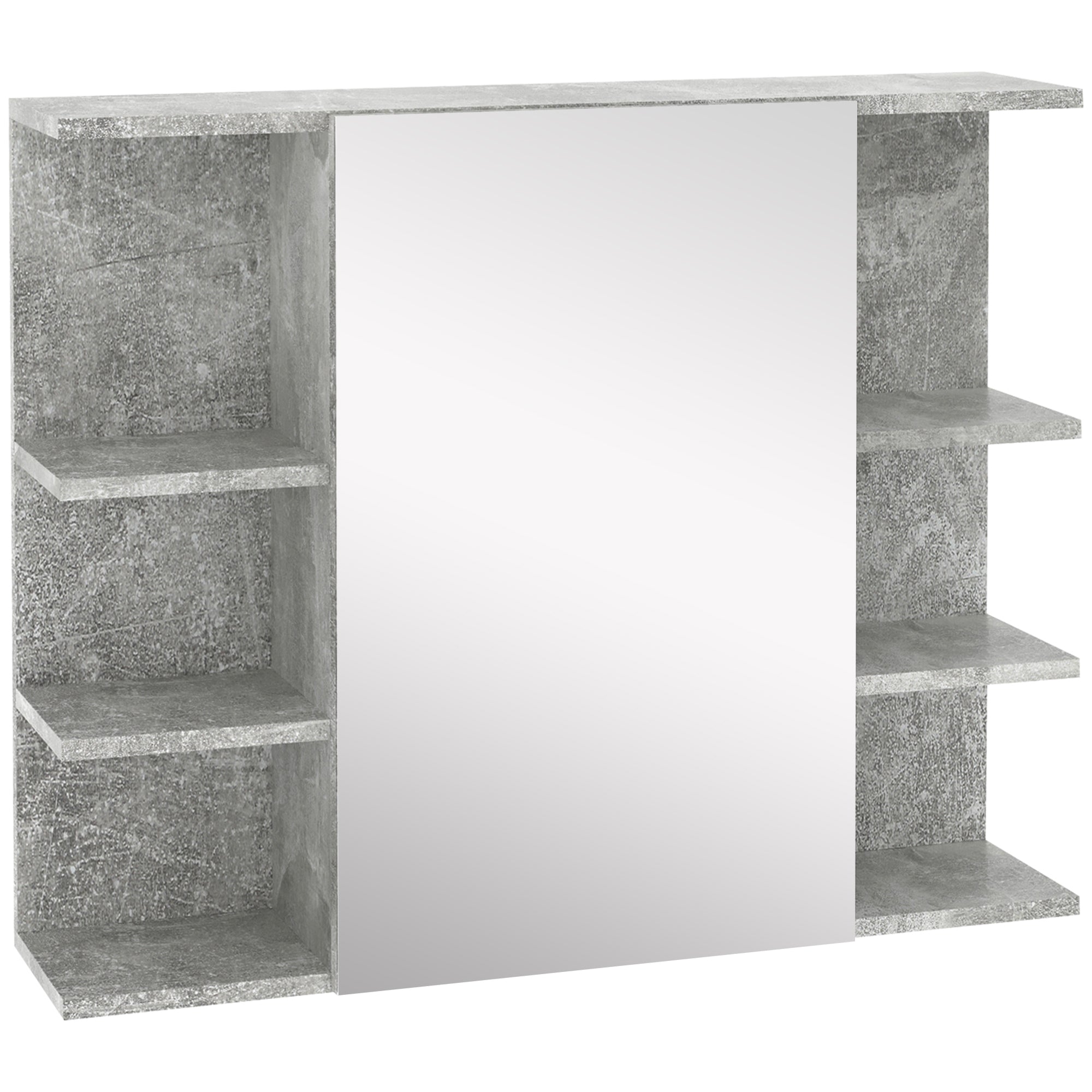 kleankin Medicine Cabinet with Mirror, Cement-Like Contemporary Bathroom Wall Cabinet with 6 Open Shelves, Grey