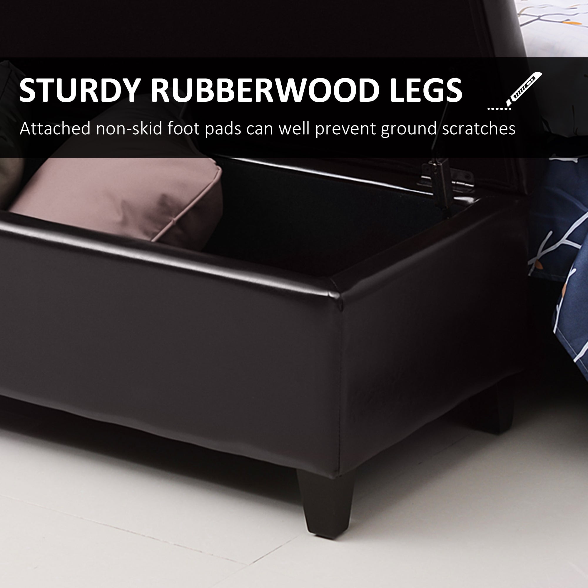 Storage Ottoman Bench, Foot Rest with Solid Wood Legs, End of Bed Bench, 51 Inches PU Leather Storage Chest for Living Room, Bedroom, Entryway, Brown