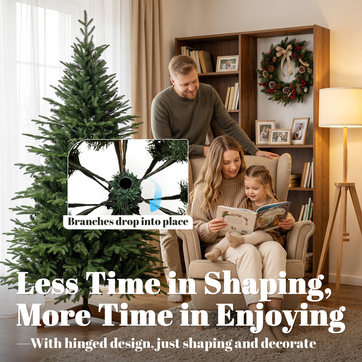 6ft Artificial Christmas Tree, Full Hinged Xmas Tree with 2081 PE & PVC Tips, Solid Pine Wood Stand for Home Office Holiday Decoration, Green