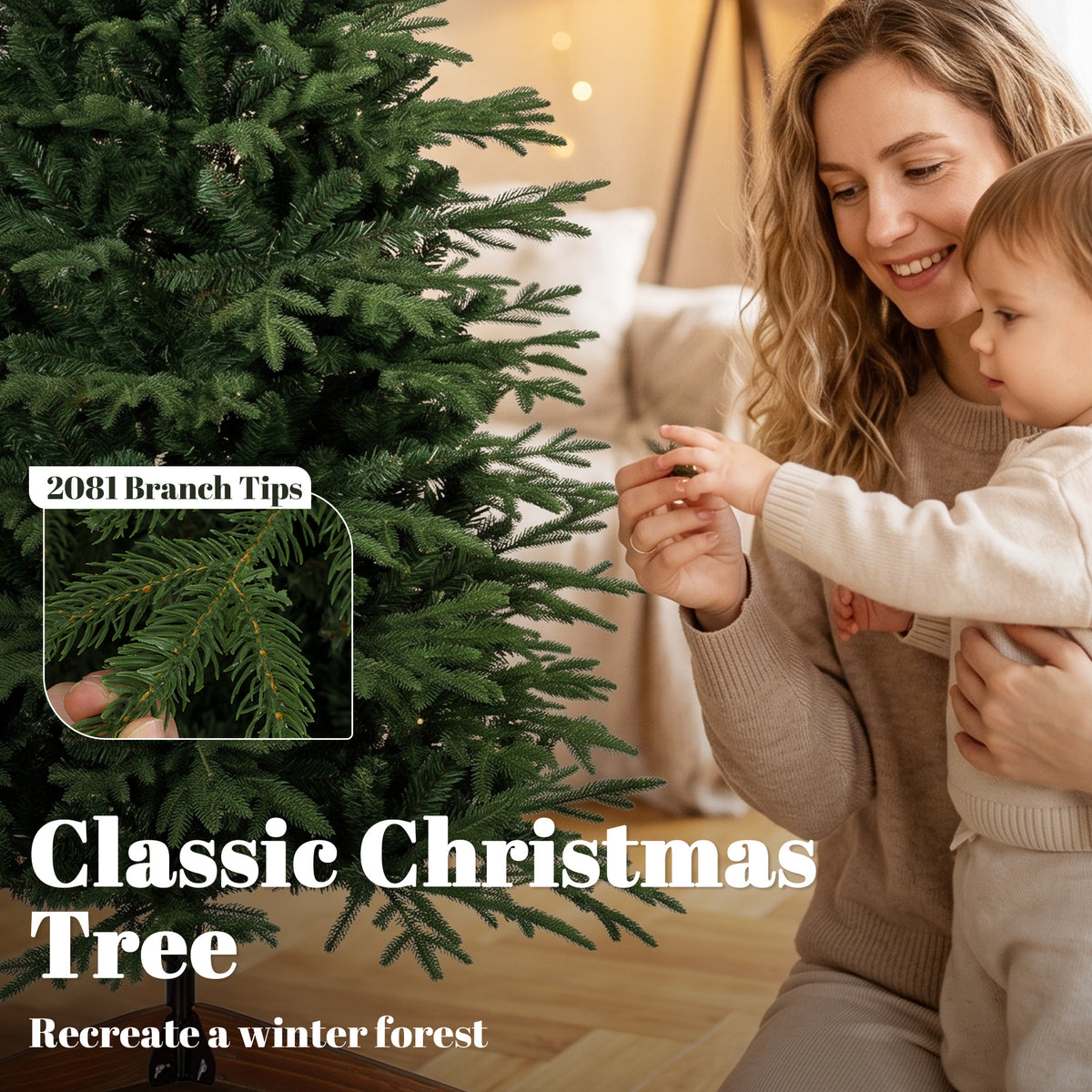 6ft Artificial Christmas Tree, Full Hinged Xmas Tree with 2081 PE & PVC Tips, Solid Pine Wood Stand for Home Office Holiday Decoration, Green