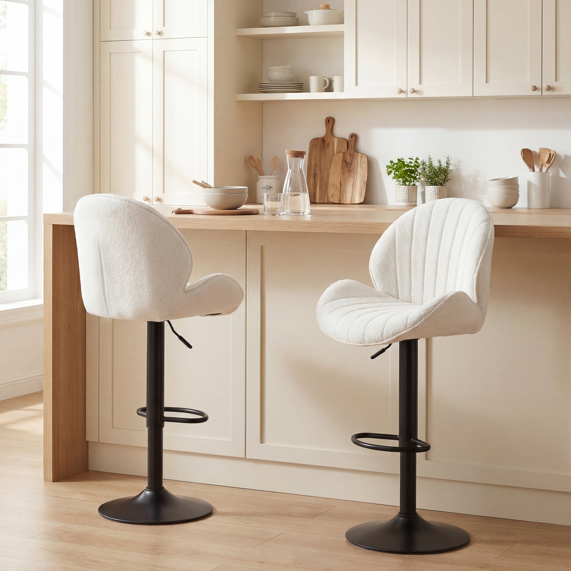 Bar Stools Set of 2, Swivel Counter Height Barstools with Back, Adjustable Height and Footrest, Chenille Upholstered Modern Bar Chairs for Kitchen Island, Dining Room, Cream