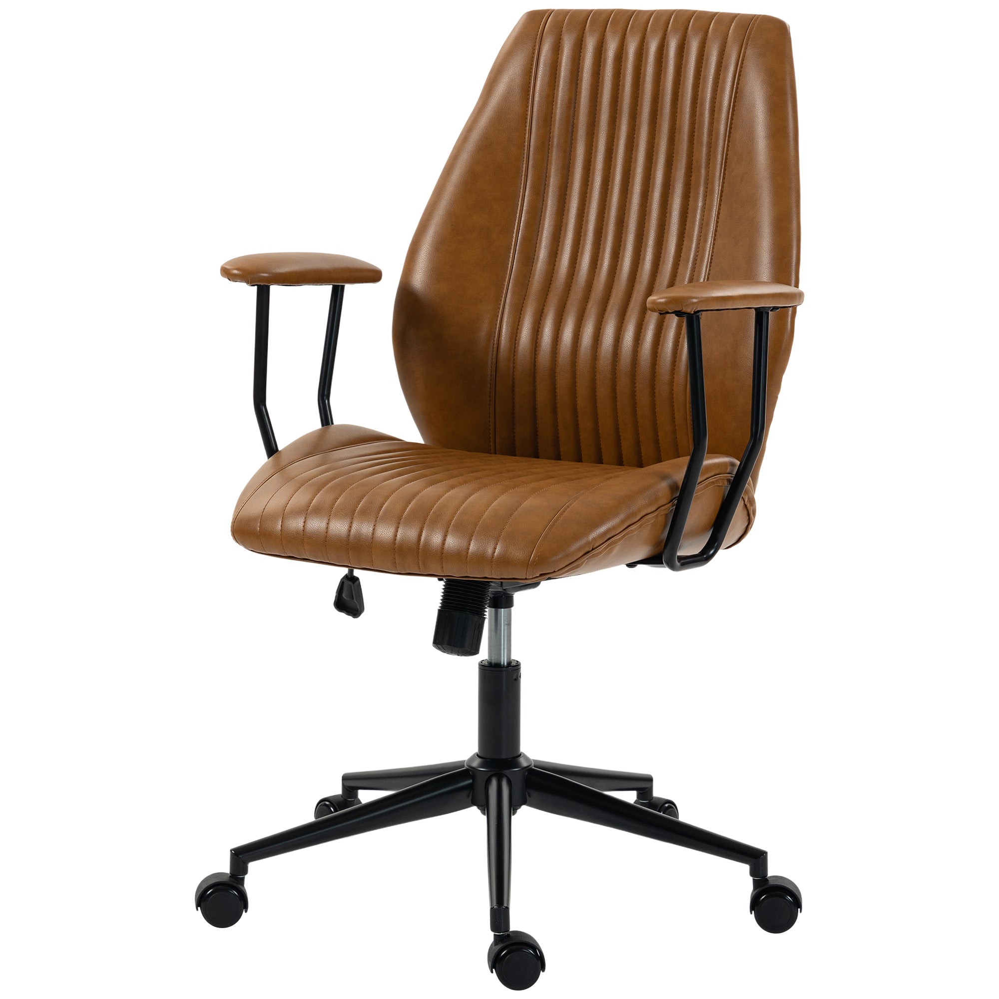 Home Office Desk Chair, PU Leather Computer Chair with Padded Arms, Mid Back, 360° Swivel, Adjustable Height, Tilt Function, Rolling Wheels, Vintage Style for Task, Study, Work, Brown